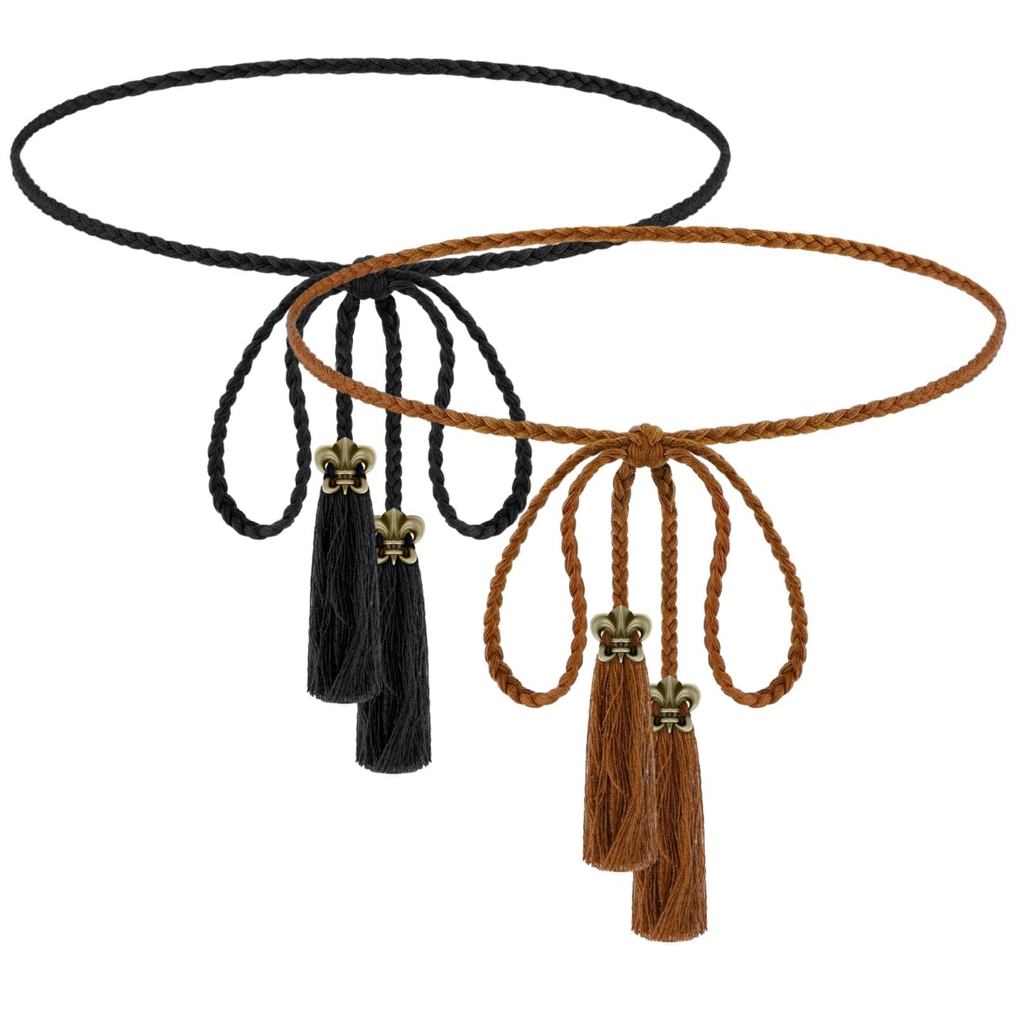 Giantree 2Pcs Women's Belts, Skinny Tassel Braided Waist Belt Braided Waistband for Dress Trendy Dress Decorative Handwoven Belt for Skirt Dress