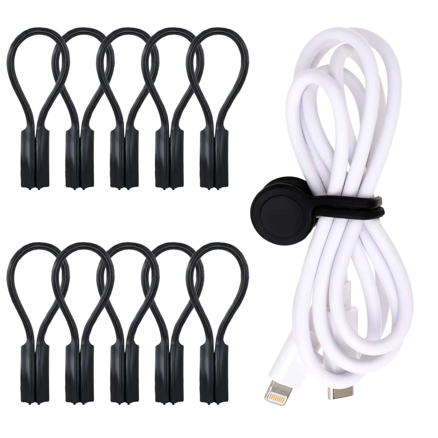 Giantree Magnetic Cable Ties, 10 Pack Reusable Silicone Magnetic Cord Twist Ties, Magnet Strap Ties for Charging Wire Organizer Earphone Cords Wrap Fridge Magnets Storage or Travel(Black)