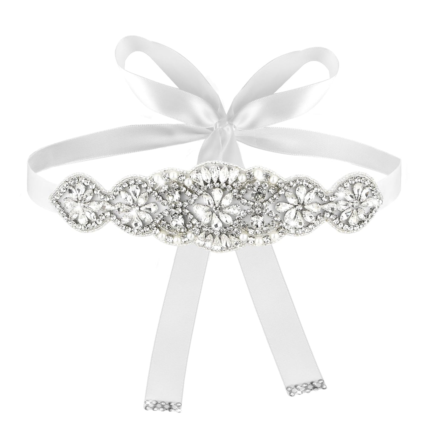 Amaxiu Rhinestone Wide Waist Belt for Women, Bling Wedding Belt(White Ribbon)