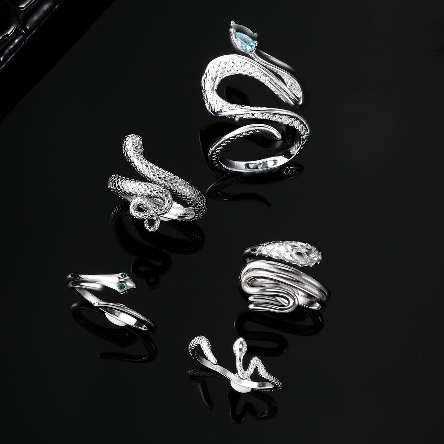 Yuanchu 5 Pcs Silver Snake Ring for Women Men, Adjustable Vintage Rings Serpent Reptile Rings Halloween Punk Gothic Jewelry Rings