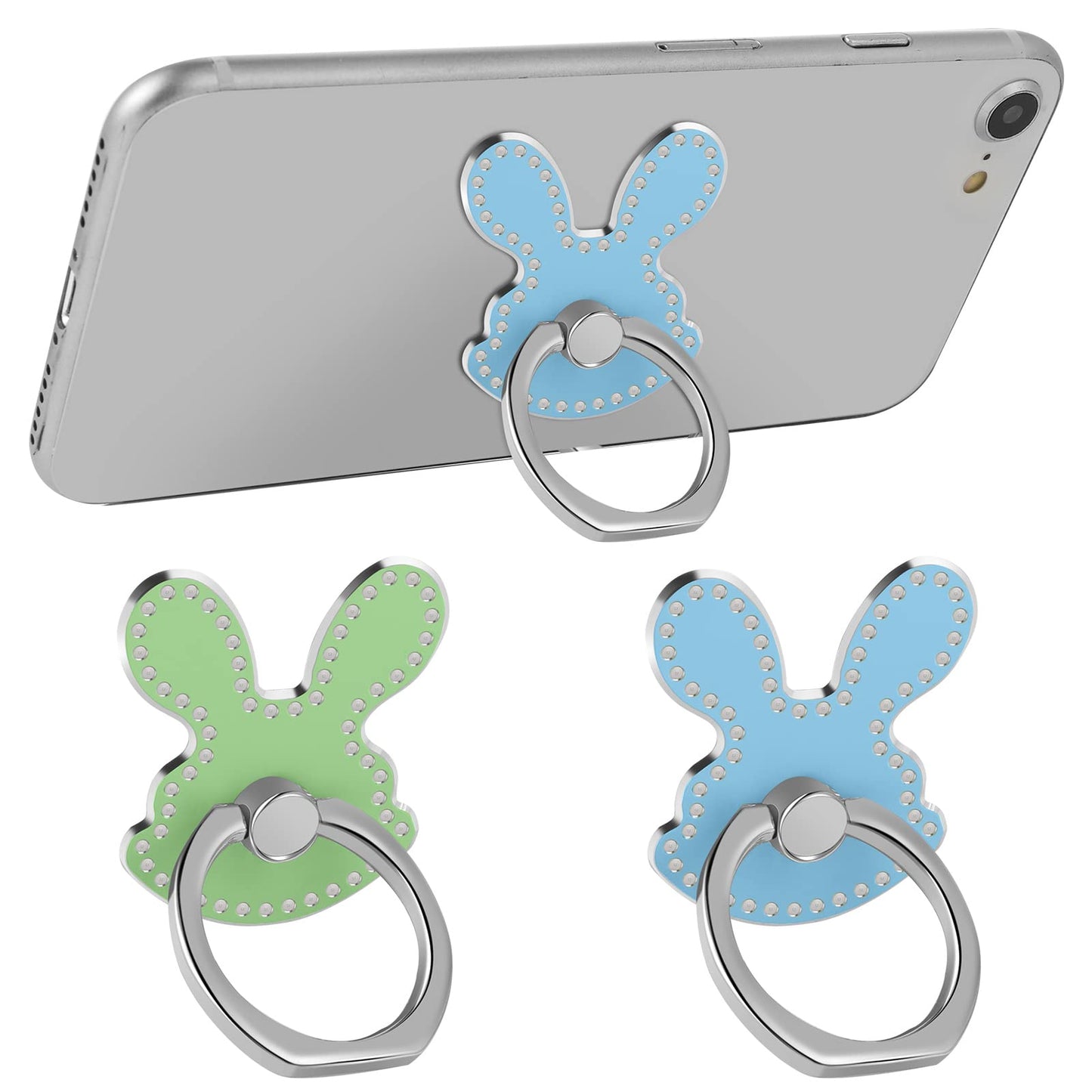 TIESOME 2Pcs Cell Phone Ring Stand Holder, Cute Animal Pattern Painted Metal Finger Stand Kickstand 360°Rotation Phone Ring Holder Stand Ring Hand Grip with Knob Loop (Rabbit-Blue Green)