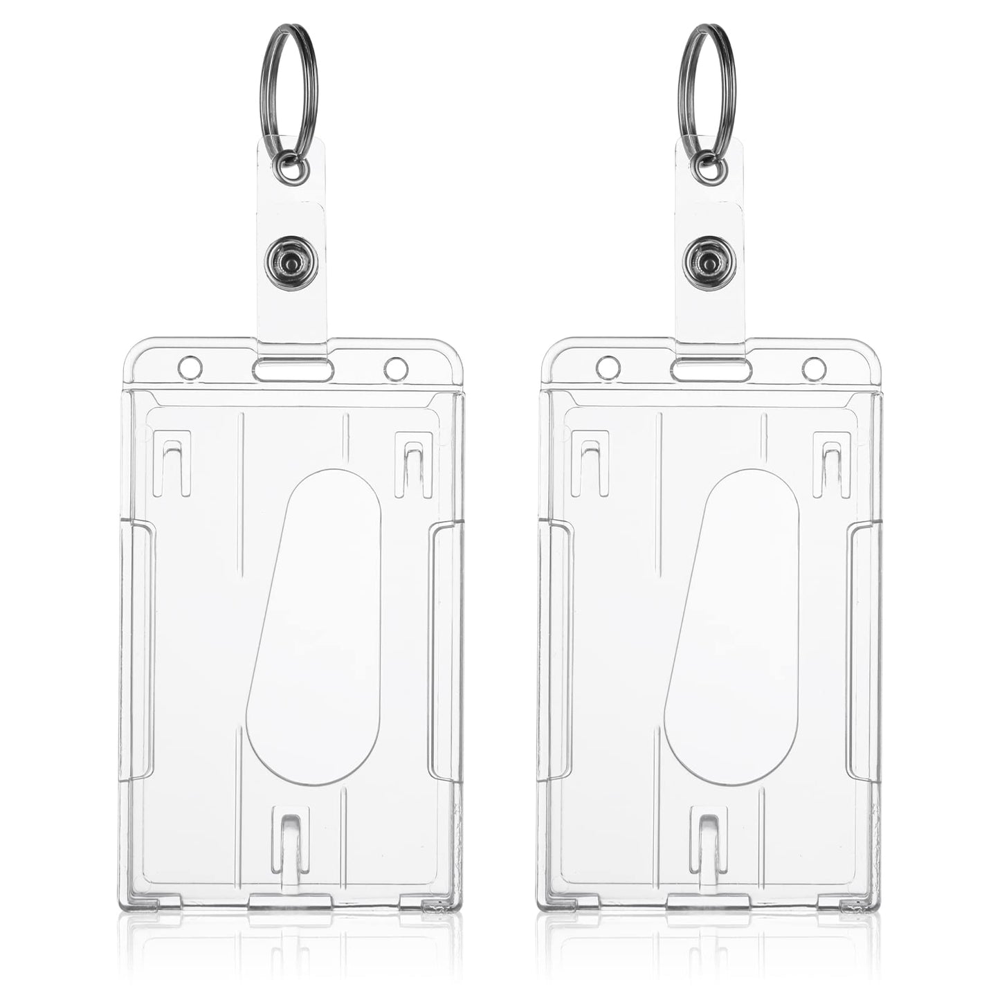 TIESOME ID Card Badge Holder with Keyring, 2 Pack Heavy Duty Badge Holders Keychain Hard Plastic Clear Card Protector Thumb Slot Card Case School Office Supplies(Vertical)
