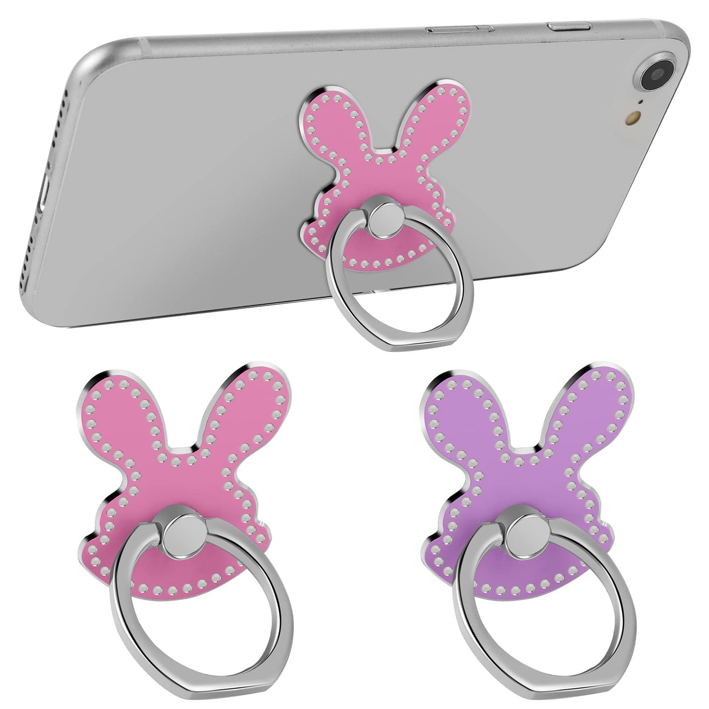 TIESOME 2Pcs Cell Phone Ring Stand Holder, Cute Animal Pattern Painted Metal Finger Stand Kickstand 360°Rotation Phone Ring Holder Stand Ring Hand Grip with Knob Loop (Rabbit-Purple Pink)