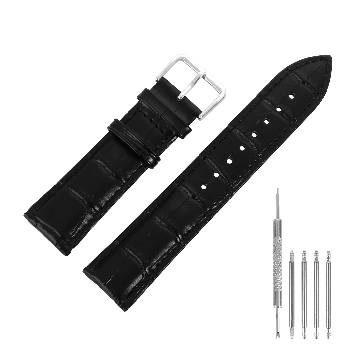 cobee Leather Watch Straps, Soft Black Alligator Embossed Watch Bands Replacement, Leather Replacement Watch Band for Men and Women, Smart Watches Wristbands Sport Watches Bracelet Clasp(22mm Ear Pin)