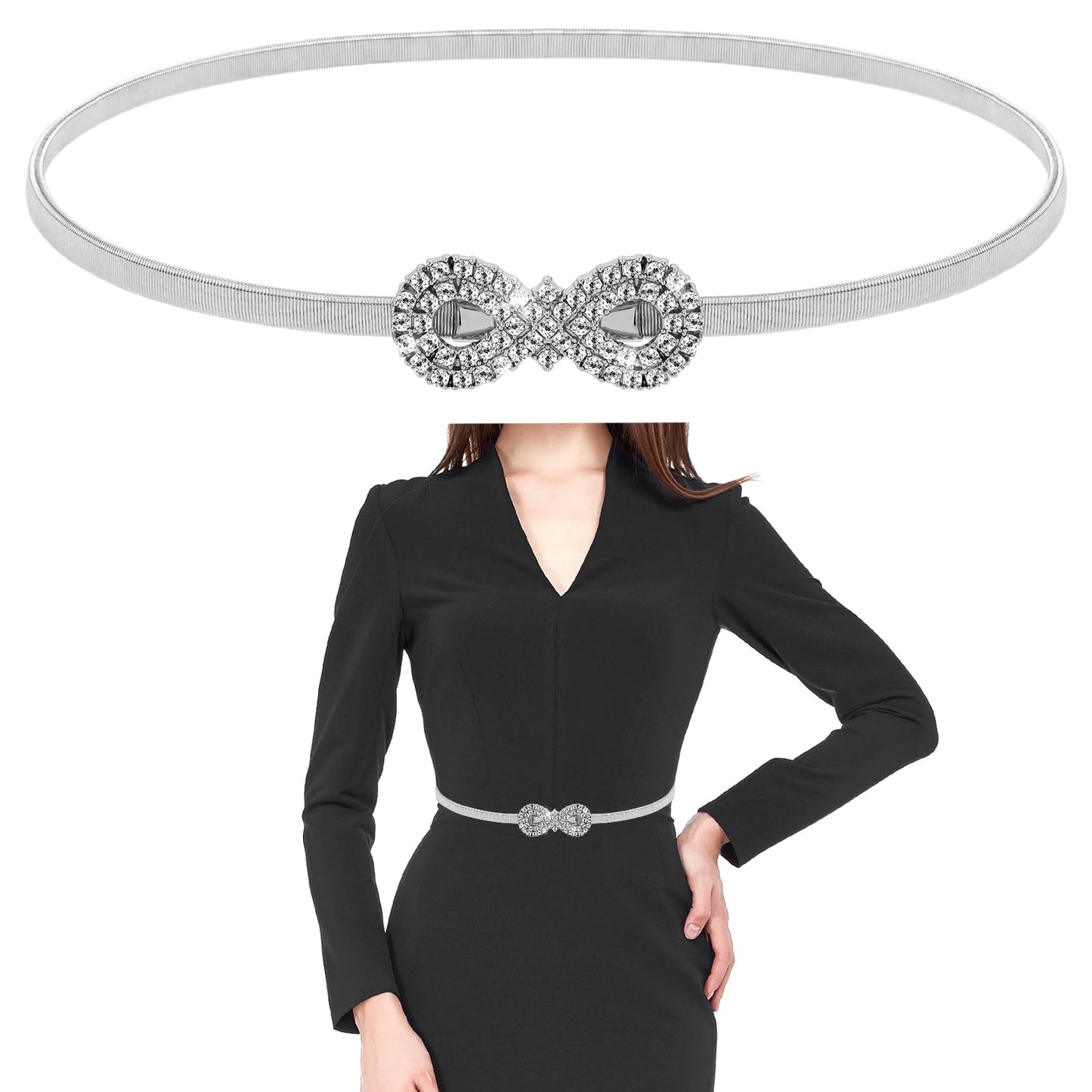 cobee Skinny Metal Elastic Belt, Women Rhinestone Waist Belt Bling Stretchy Diamond Waist Belt for Dress Jeans Pants(Silver)