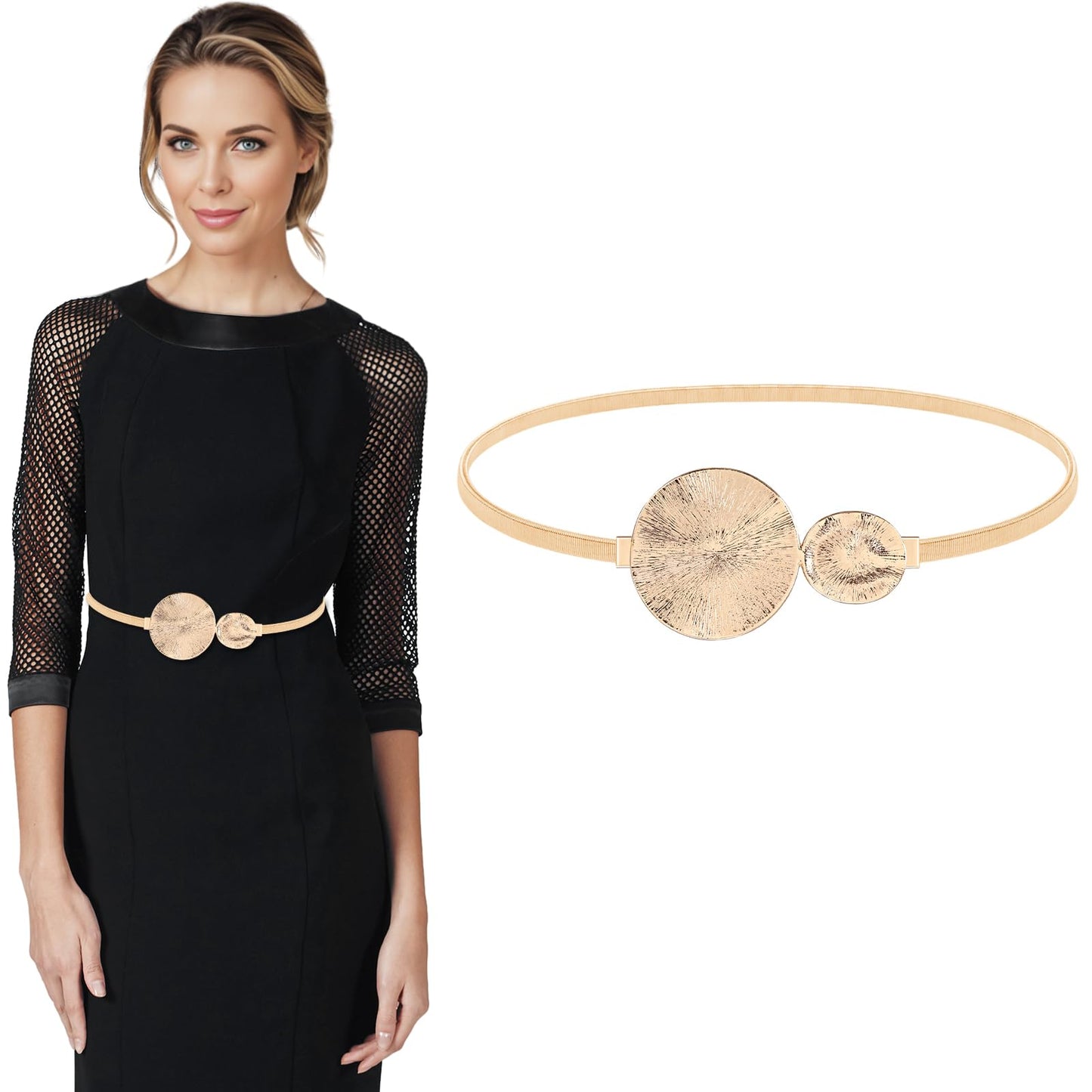 Amabro Women Skinny Metal Belt, Thin Elastic Belt for Dress Gold Waist Belt Stretch Waistband(A)
