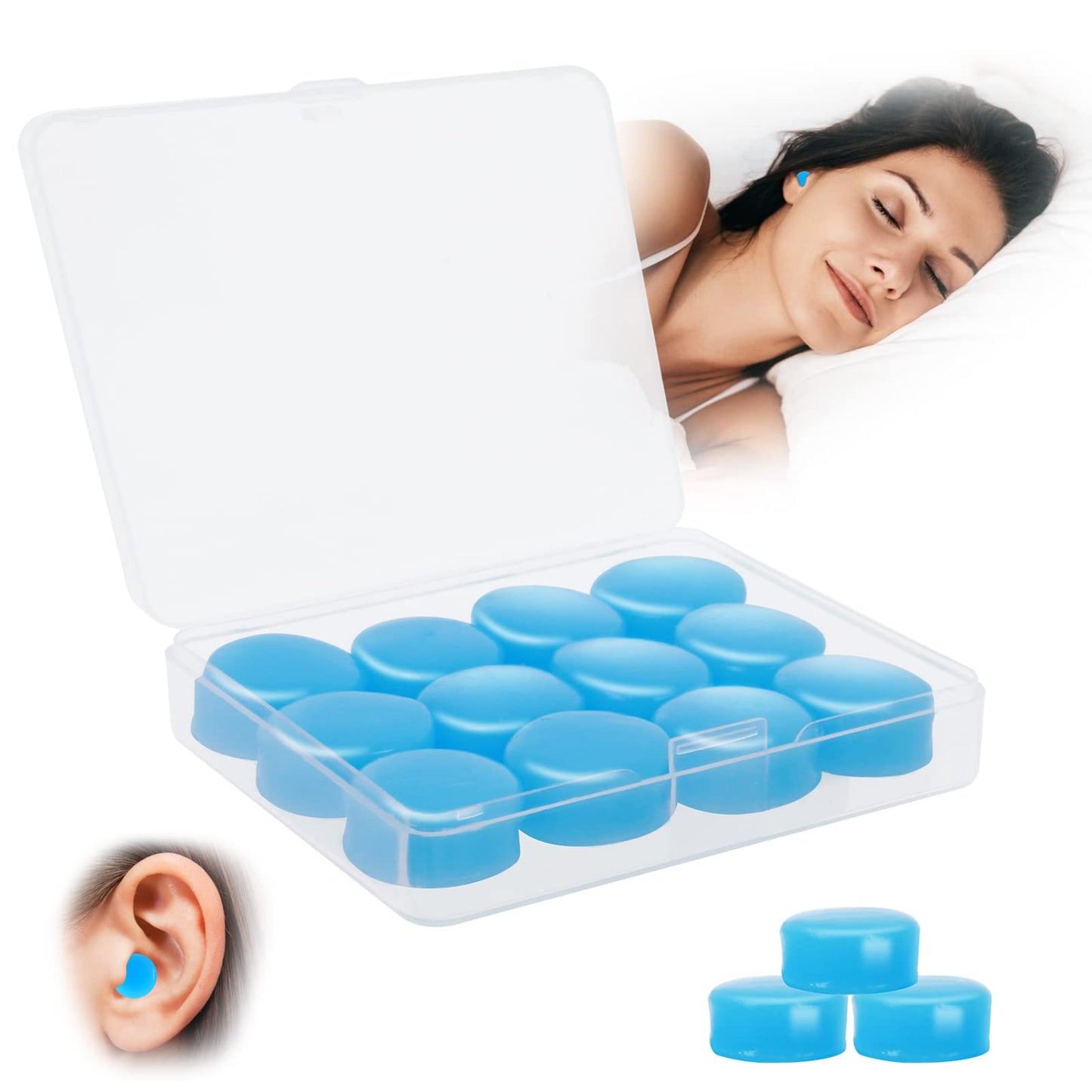 Molain Sleeping Ear Plugs, 12 Pieces Silicone Earplugs Noise Cancelling Earplugs for Shooting Range, Swimmers, Snoring, Concerts, Airplanes, Travel, Work, Studying (blue)
