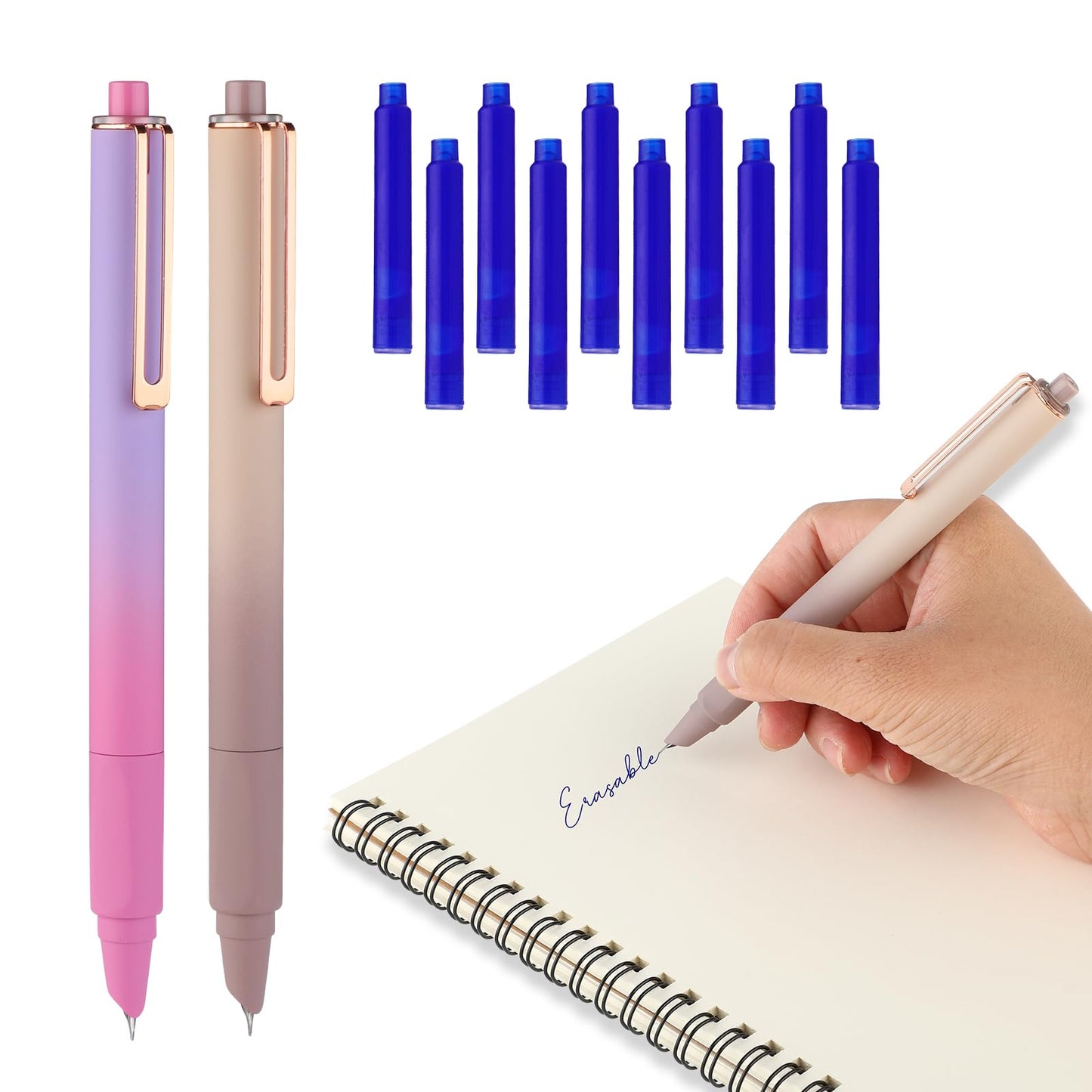 cobee Erasable Fountain Pen, 2 Pieces Retractable Fountain Pen with 10 Erasable Blue Ink Sac 0.38mm Extra Fine Point Writing Pen for Practice Calligraphy Drawing Crossword Puzzles(B)