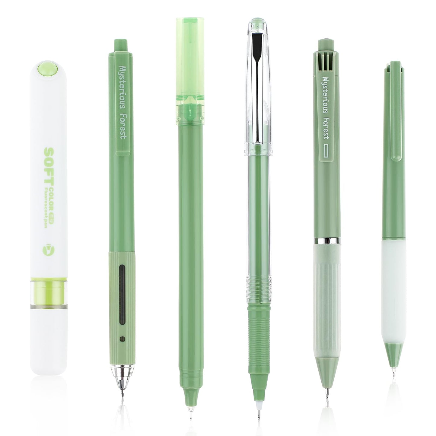 6 PCS Aesthetic Ballpoint Pens with Highlighter, 0.5mm Retractable Gel Ink Pens Cute Ball Point Pen Black Ink Smooth Writing Pens Pastel Roller Ball Pens Marker Pen for School Office Gift(Green)