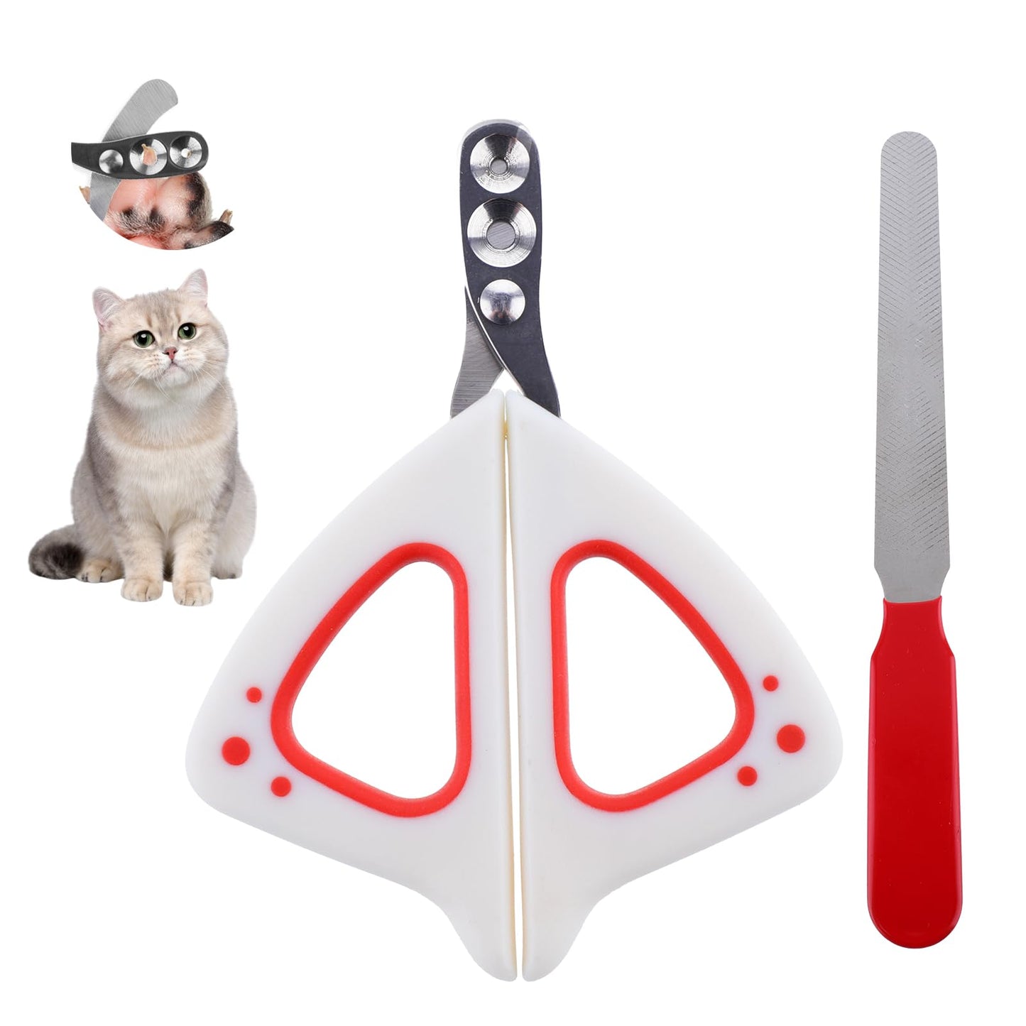 AOZUO Cat Claw Scissors with Protection, Cat Claw Cutter with 2 mm and 3 mm Hole, Professional Claw Scissors for Dogs Cats with Nail File Stainless Steel for Small Dogs Puppies Cats (Red)