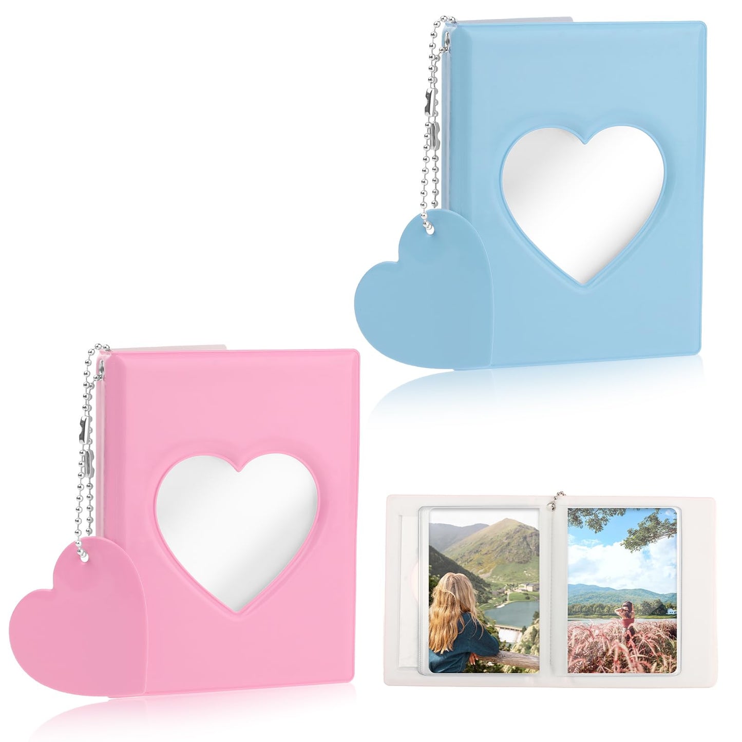 Giantree 2 Pack 3 Inch Mini Photo Album, Cute Heart Hollow Binder Album Kpop Photo Card Holder Name Card Book Photo Album for Fujifilm Instant Camera Photo Album 32 Pockets(Pink + Light Blue)
