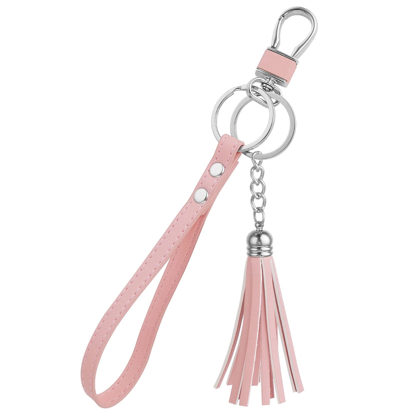 TIESOME Women's Keychain with Wrist Strap, Hand Wrist Lanyard Keychain Holder Leather Hand Strap with Tassel and Flat Alloy Key Rings (Pink)