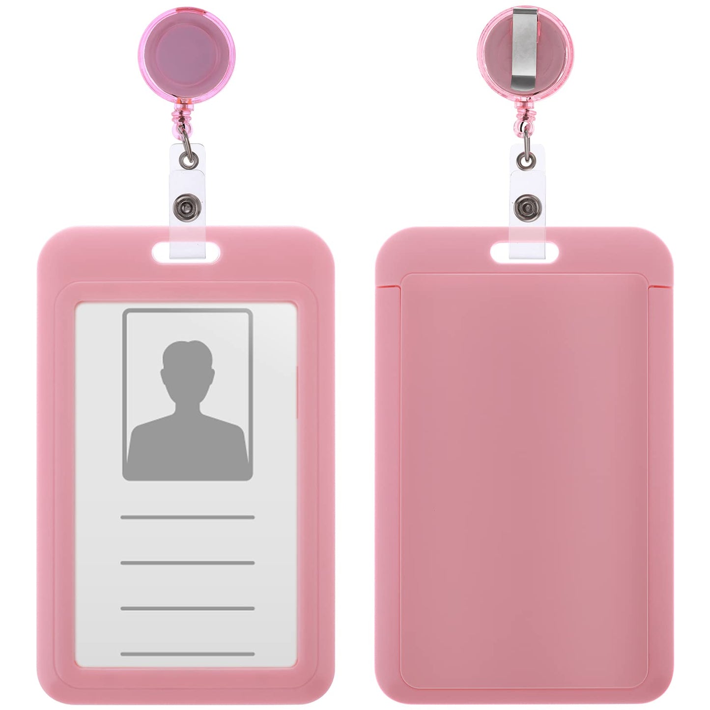 cobee Hard Badge Holders with Retractable Badge Reel, 2Pcs Heavy Duty ID Badge Holders Plastic Credit Card Protector Work Badge Holder Badge Case for Nurse Doctor Teacher Office School Supplies(Pink)