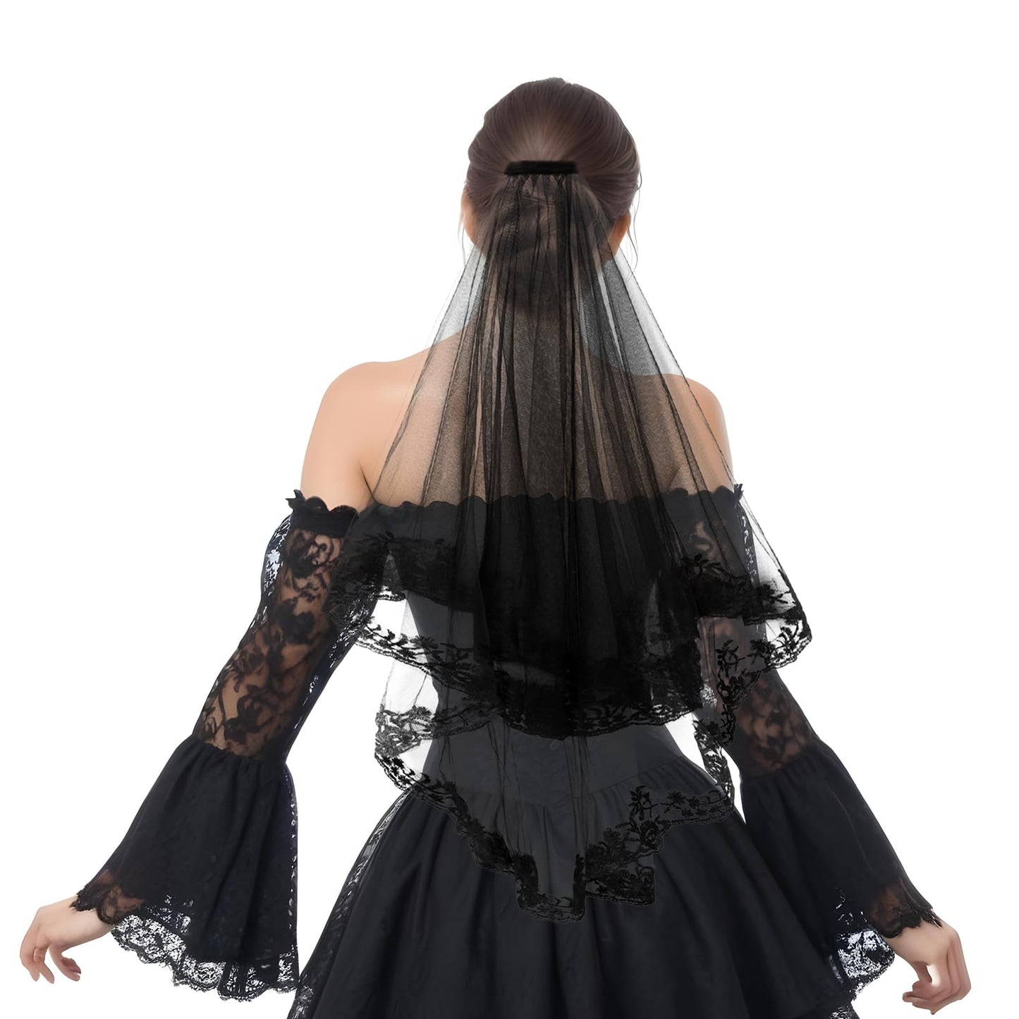 Amabro Black Lace Veil Bride Wedding Veil Headband with Comb - Double Layer Mesh Bridal Headpiece for Women Girls - Halloween Witch Costume