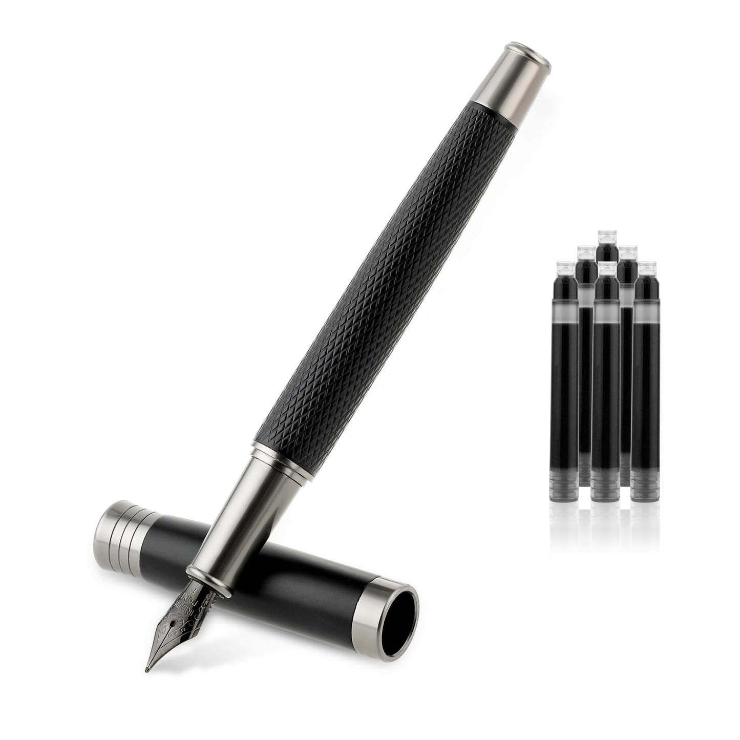 TIESOME Luxury Fountain Pen Set, Metal Fountain Pen with 6 2.6mm Ink Cartridges Smooth Writing Calligraphy Pens for Journaling Gift Office Business (0.5mm fine point)