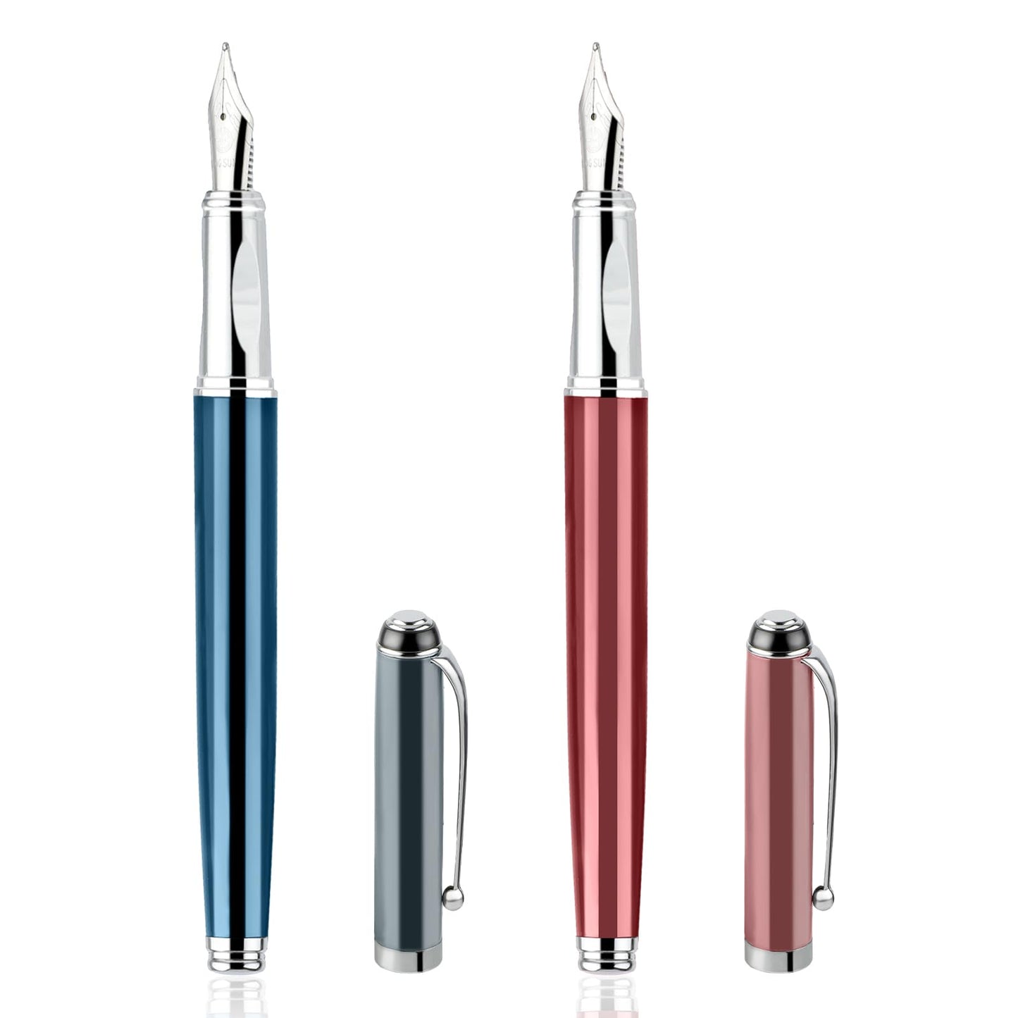 Amabro 2Pcs Metal Fountain Pen, 0.5mm Fine Point Fountain Pen Luxury Fountain Pen Calligraphy Pen Smooth Writing Business Pen with Ink Converter for Men Women School Office Writing(B)