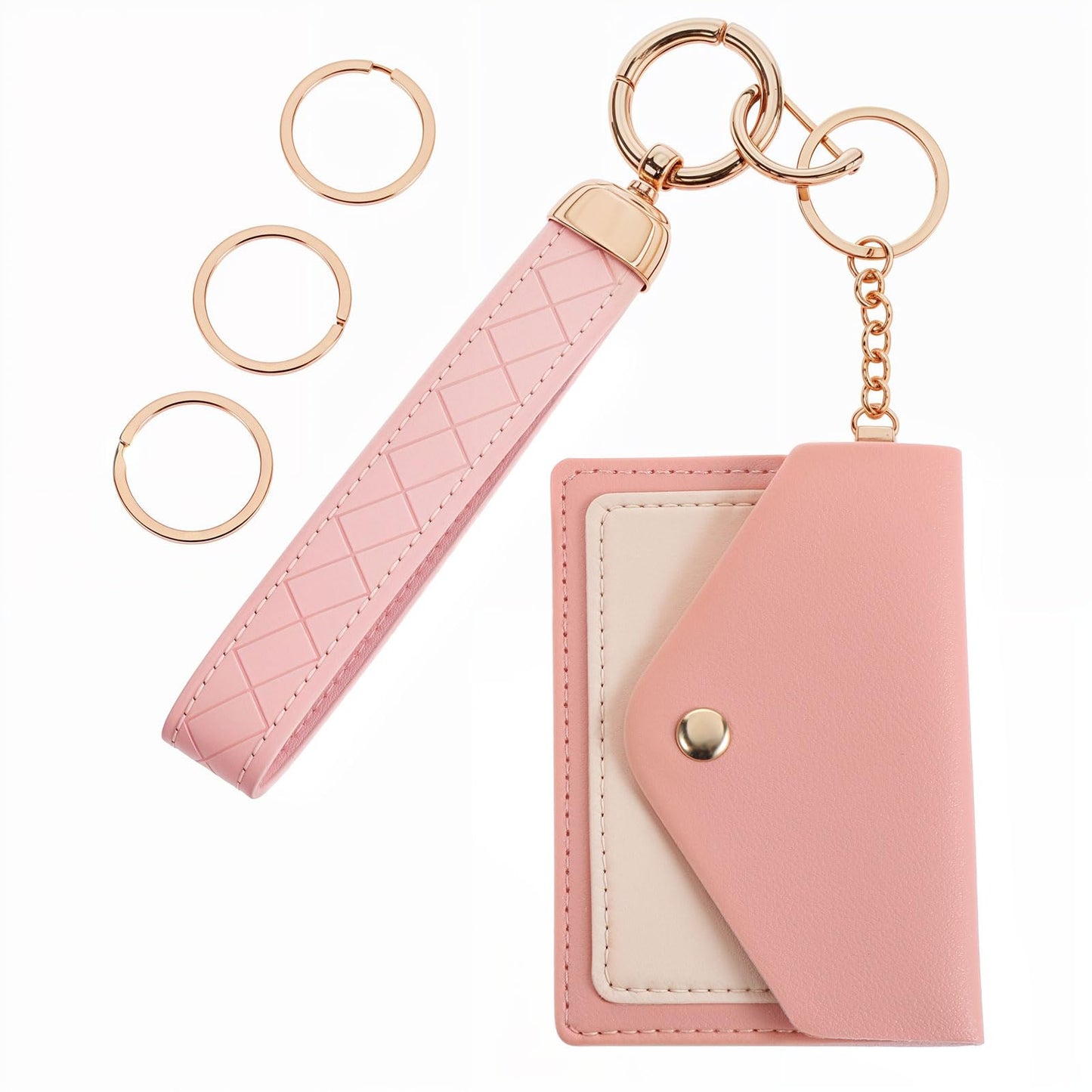 Yuanchu PU Leather Wallet Keychain, Wallet Wristlet Car Keychain Mini Card Holder Purse with D Ring for Women, Pink, 11x8cm/4.3x3.1in