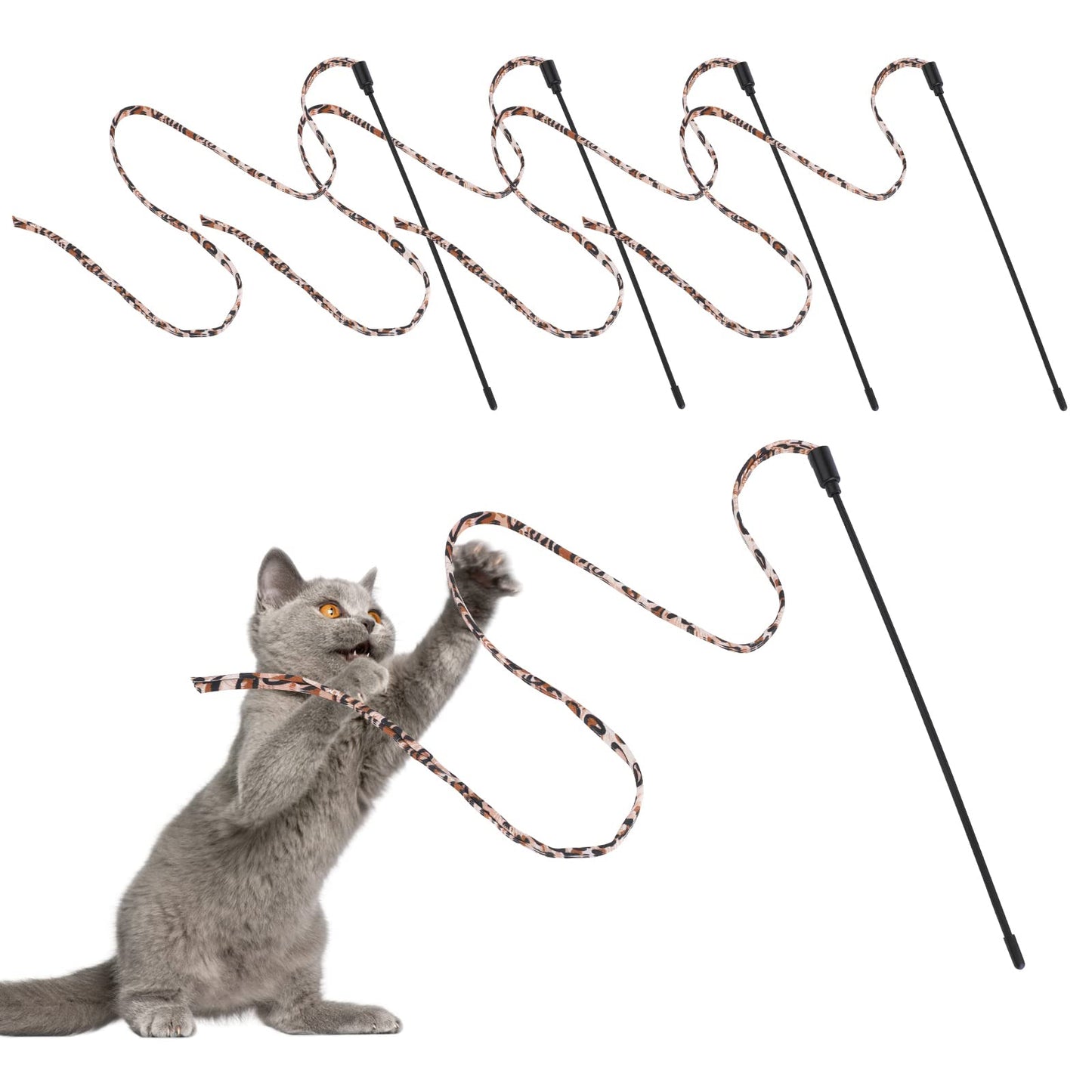 cobee Cat Wand Toys, Cat Interactive Wand Toys Leopard Print Cat Wand String Kitten Ribbon Stick Toy Interactive Cat Toys Cat Wands for Cat Kitten Training Exerciser(5 Pieces, 30cm)