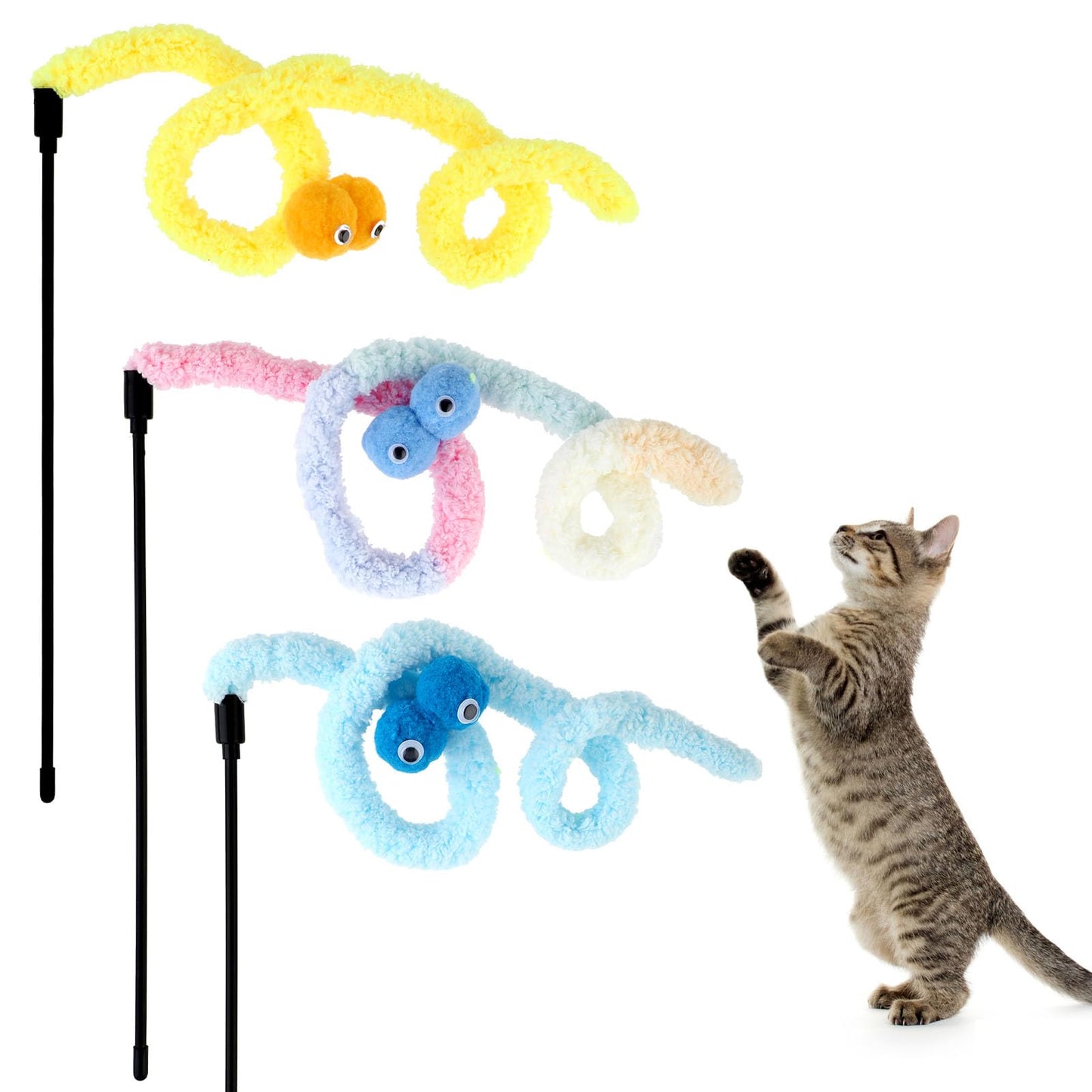 cobee Cat Wand Toys, 3 Pack Interactive Cat Wand Toy Rainbow Worm Cat Teaser Toy for Training Indoor Kitten Rainbow Worm String Interactive Toy Small Cat Chasing Toys for Exercise