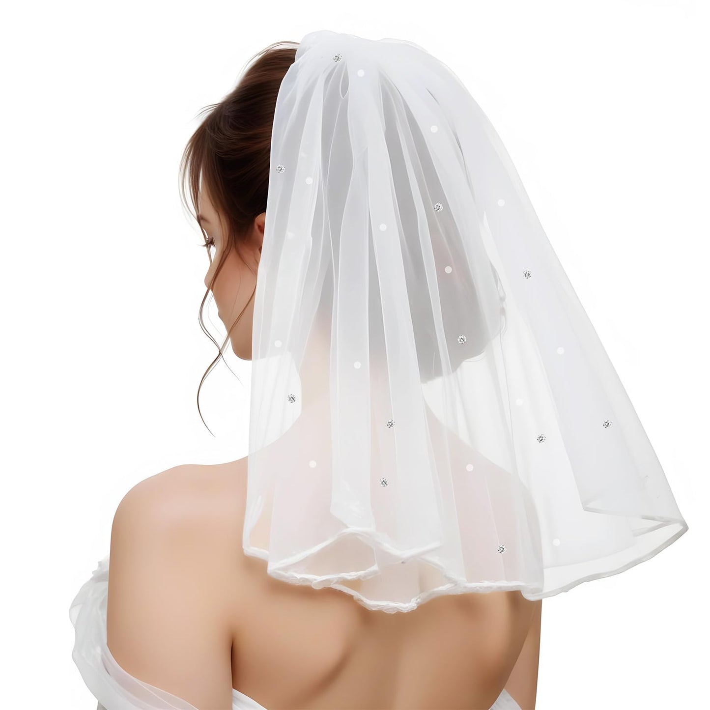 Yuanchu Elegant Short Bridal Veil with Rhinestones, Veil Short, White Bridal Tulle with Comb Wedding Veil Wedding Short Veil for Hen Night Party Wedding Accessories, White, 15.7in