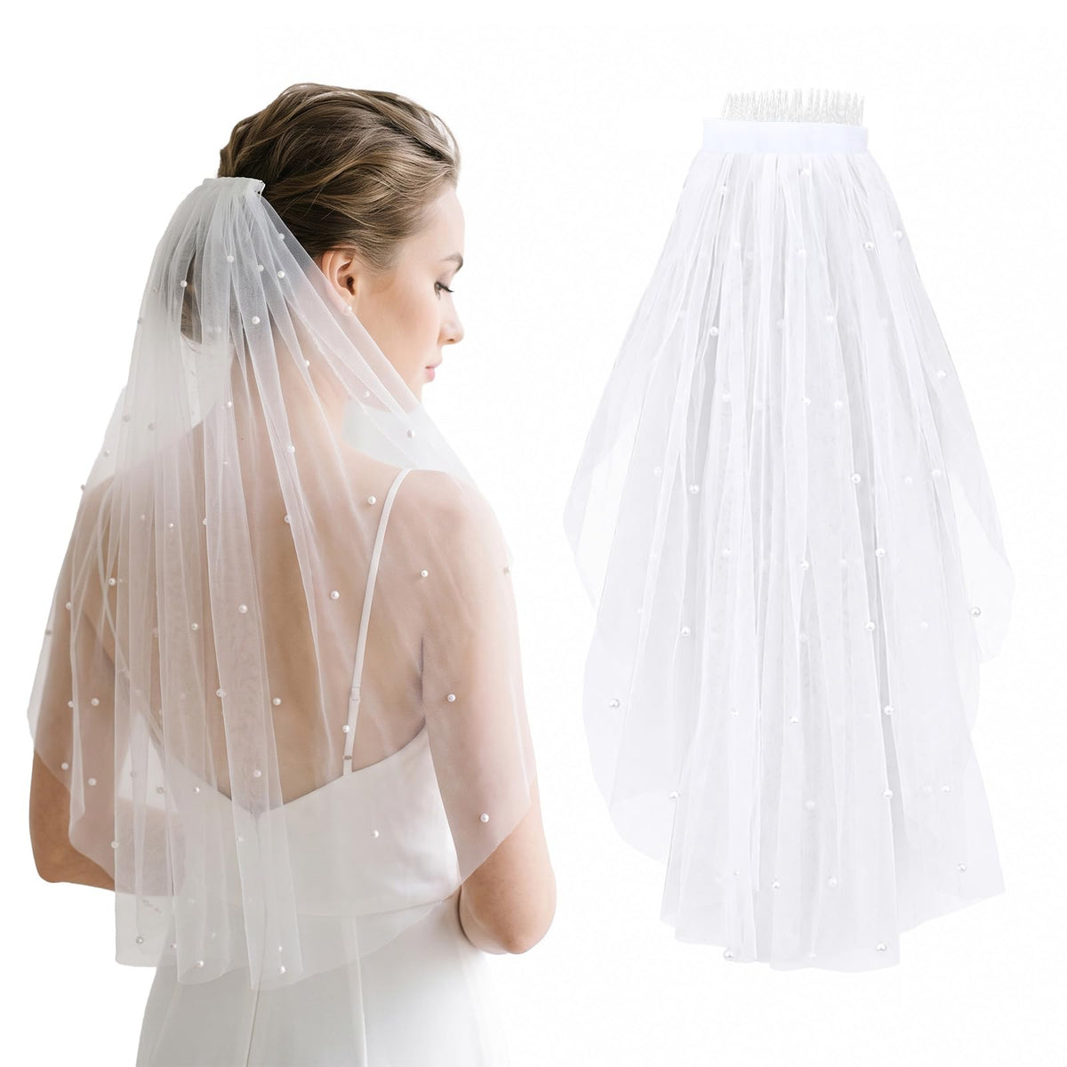 Yuanchu Pearl Veil Bridal White with Comb, Elegant Tulle Bridal Veil