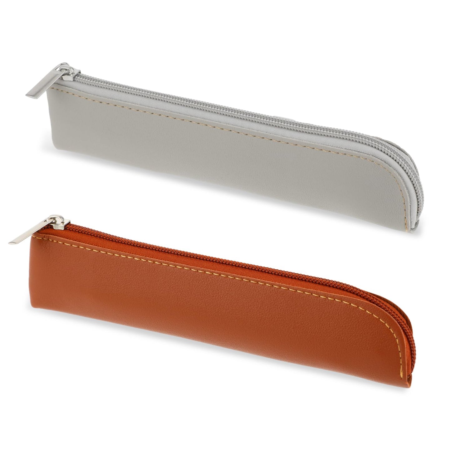Amaxiu Leather Slim Pencil Case, 2 Pcs Small Pen Case Pouch for 4-6 Pens Protable Stationery Pouch Cosmetic Bag Minimal Makeup Organizer Zipper Storage Bag for Travel Business Office(Brown+Grey)