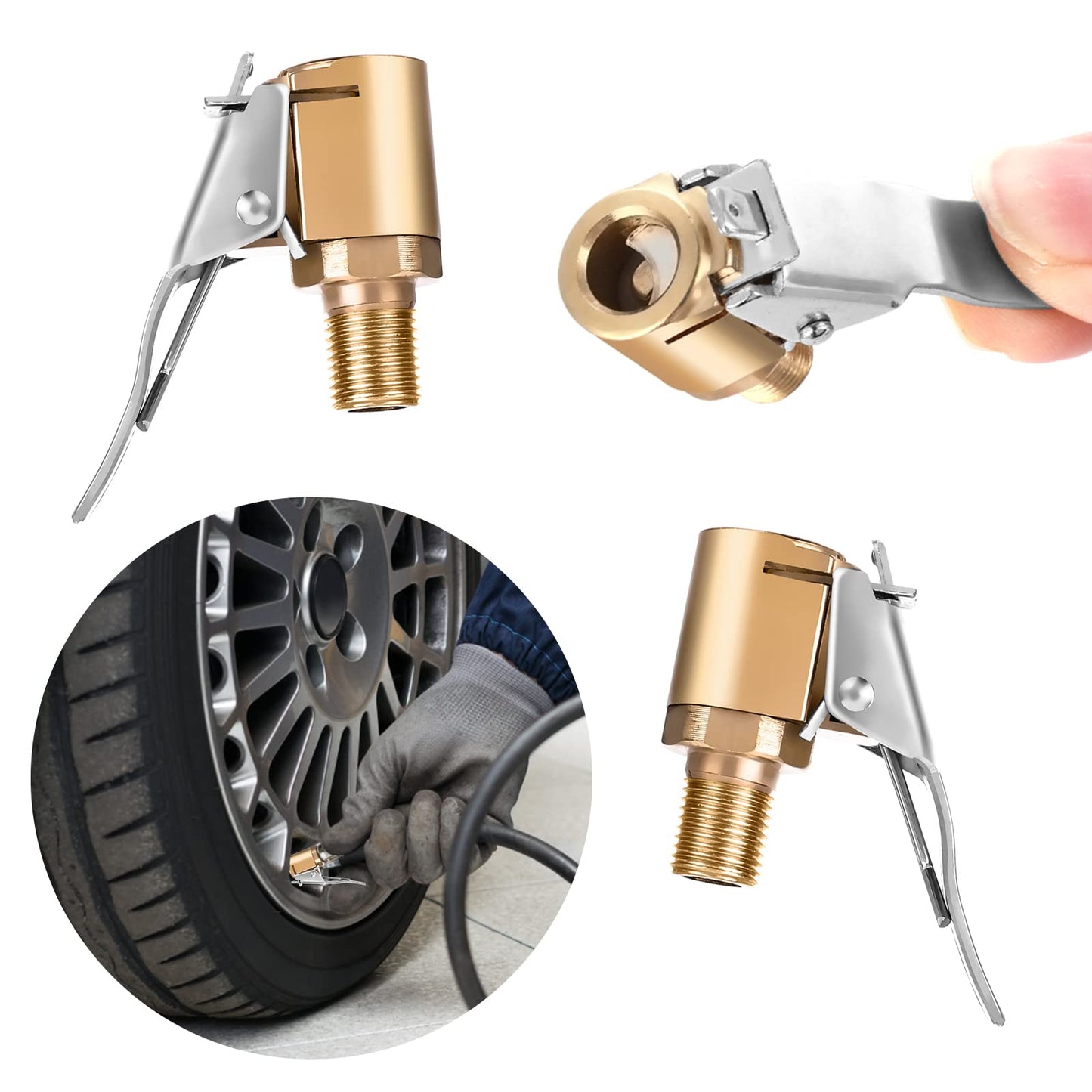 cobee Tire Air Chuck with Clip Adapter, 2 Pcs Heavy Duty Brass Locking Tire Air Chuck Tire Inflator Compressor Pump Connect No Leakage Tire Chucks for Wheel Brass Locking Tire(8mm)