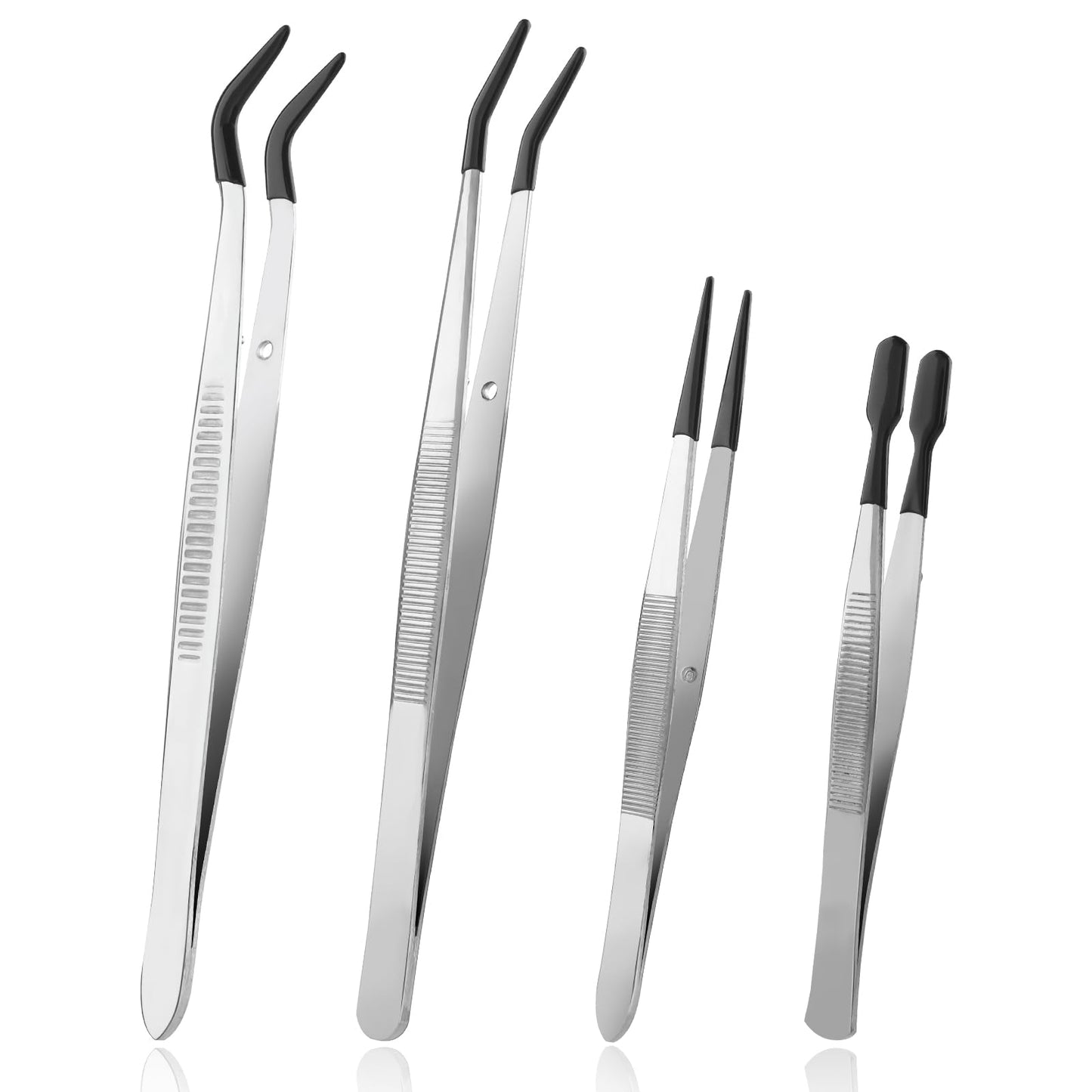 Giantree 4 Pcs Rubber Tips Tweezers, Stainless Steel Tweezers PVC Coated Tweezers Set Rubber Straight Tip Tweezers Flat Tip Tweezer Long Bent Tweezers for Crafts Stamps Beads Jewelry Tools (Black)