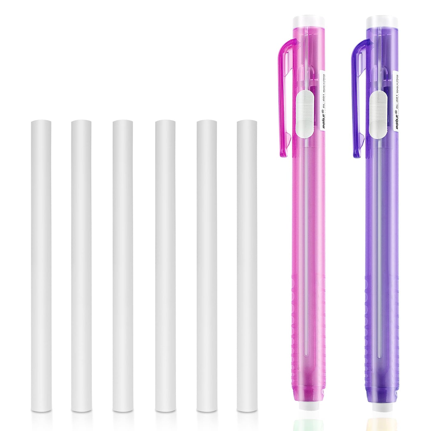 TIESOME Pen-Style Erasers, 2 Pcs Retractable Mechanical Eraser Pens with 6 Pcs Replacement Eraser Refills Eraser Mechanical Eraser, Click Stick Erasers for Drawing Sketching Drafting(Pink, Purple)