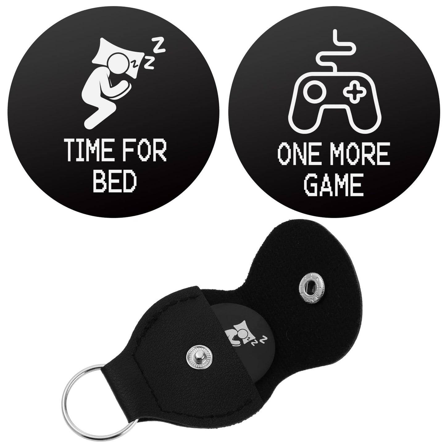 cobee Funny Decision Maker Coin, Double-Sided Destiny Flip Coins Gifts Token with Leather Keyring ONE MORE GAME TIME FOR BED for Boys Girls Games Lover Birthday Friend Gifts(Black)