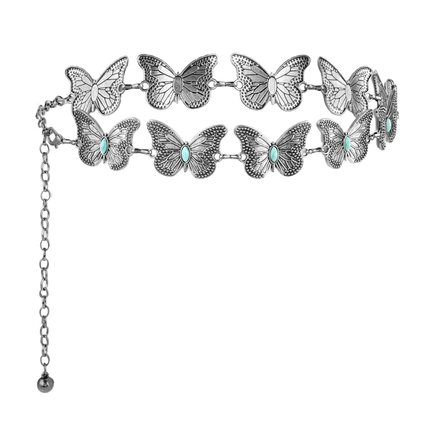 Amaxiu Butterfly Metal Waist Chain Belt, Women Western Belt Adjustable Link Belt Turquoise Waist Belt for Dress Jeans(Silver)