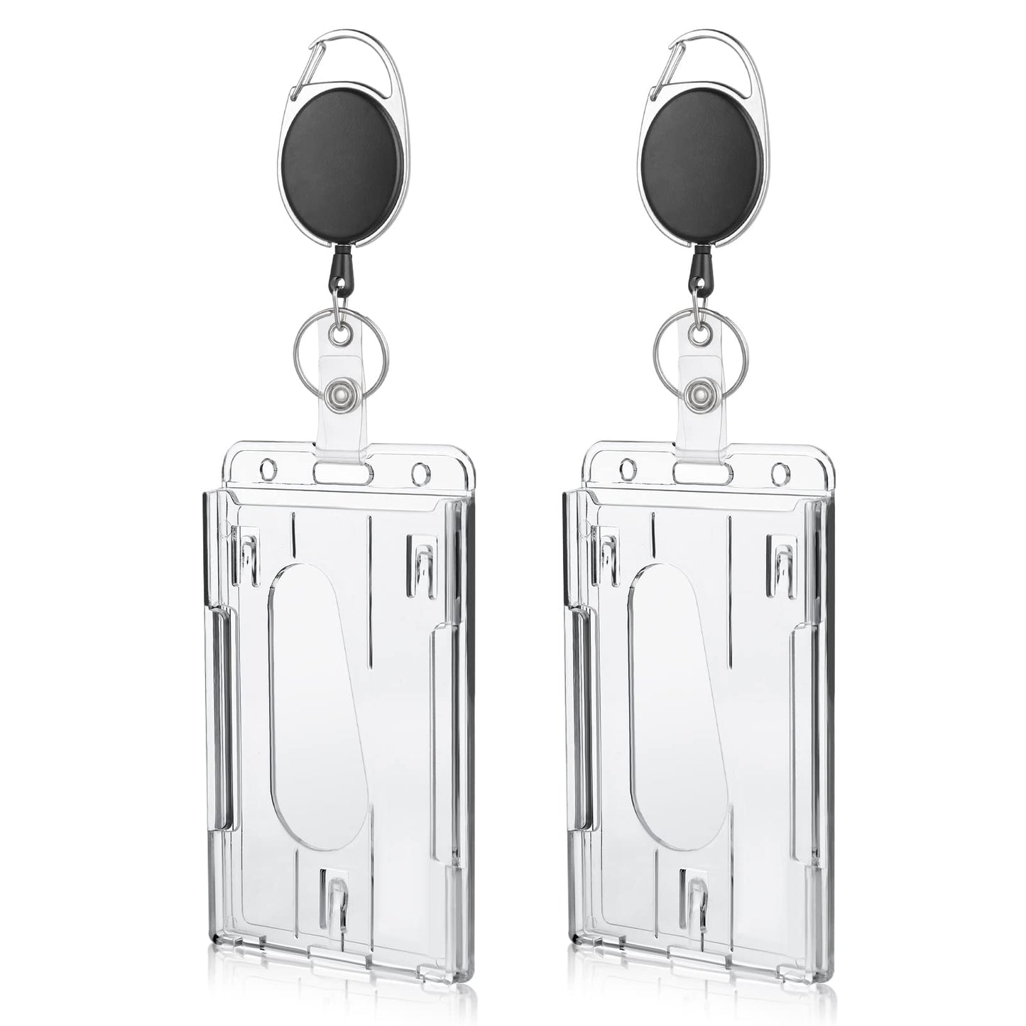 Cobee 2 Pack Hard Plastic Badge Holders with Heavy Duty Badge Reels, Clear ID Card Holder Retractable Badge Reel Clip Thumb Slot Credit Card Protector for Nurse Doctor Teacher Office School(Vertical)