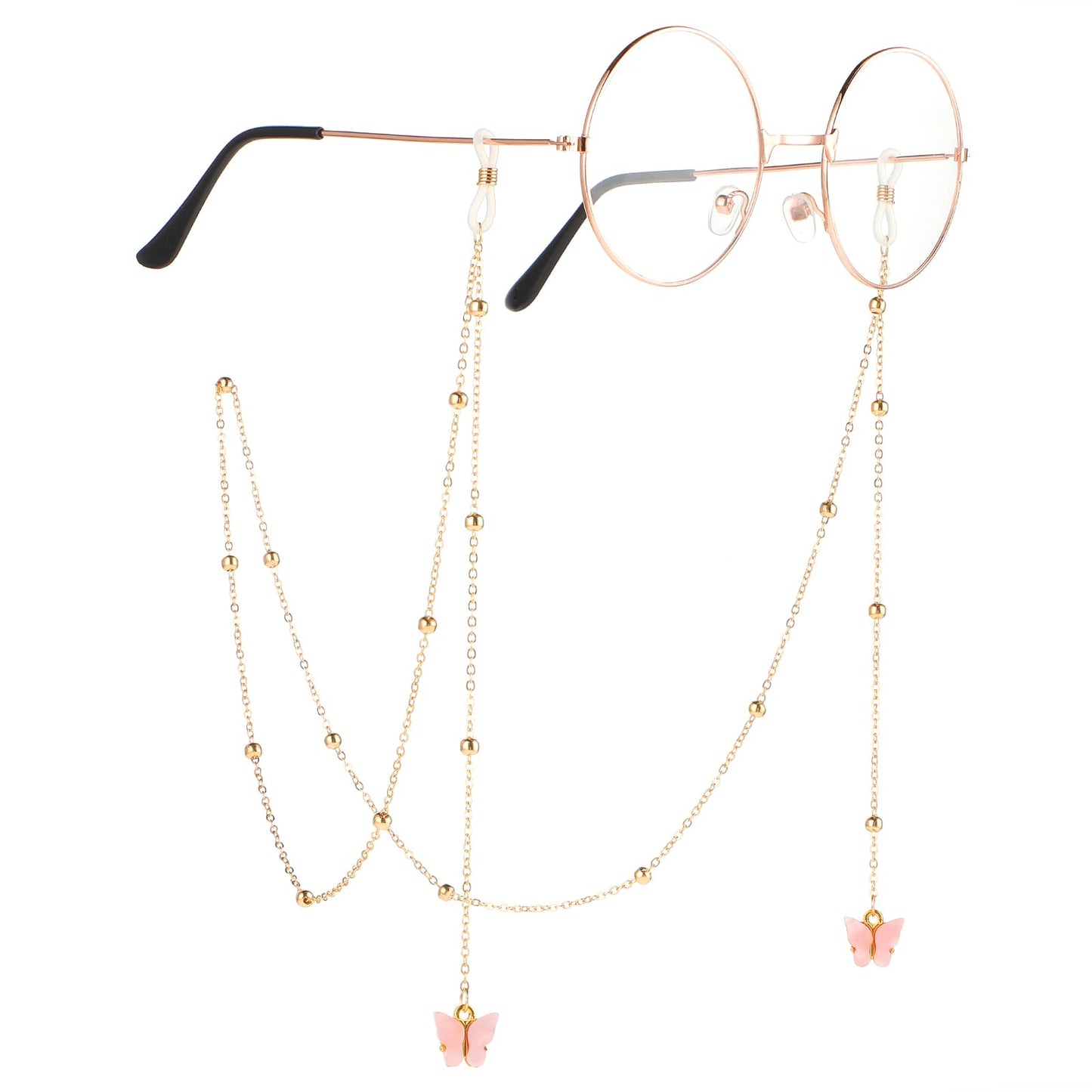 Yuanchu Fashion Glasses Chain, 37 Inch Butterfly Glasses Strap Holder with Golden Beads, Mask Strap with Golden Beads, Glasses Strap for Reading Glasses, Sunglasses for Women, pink, 37 inch