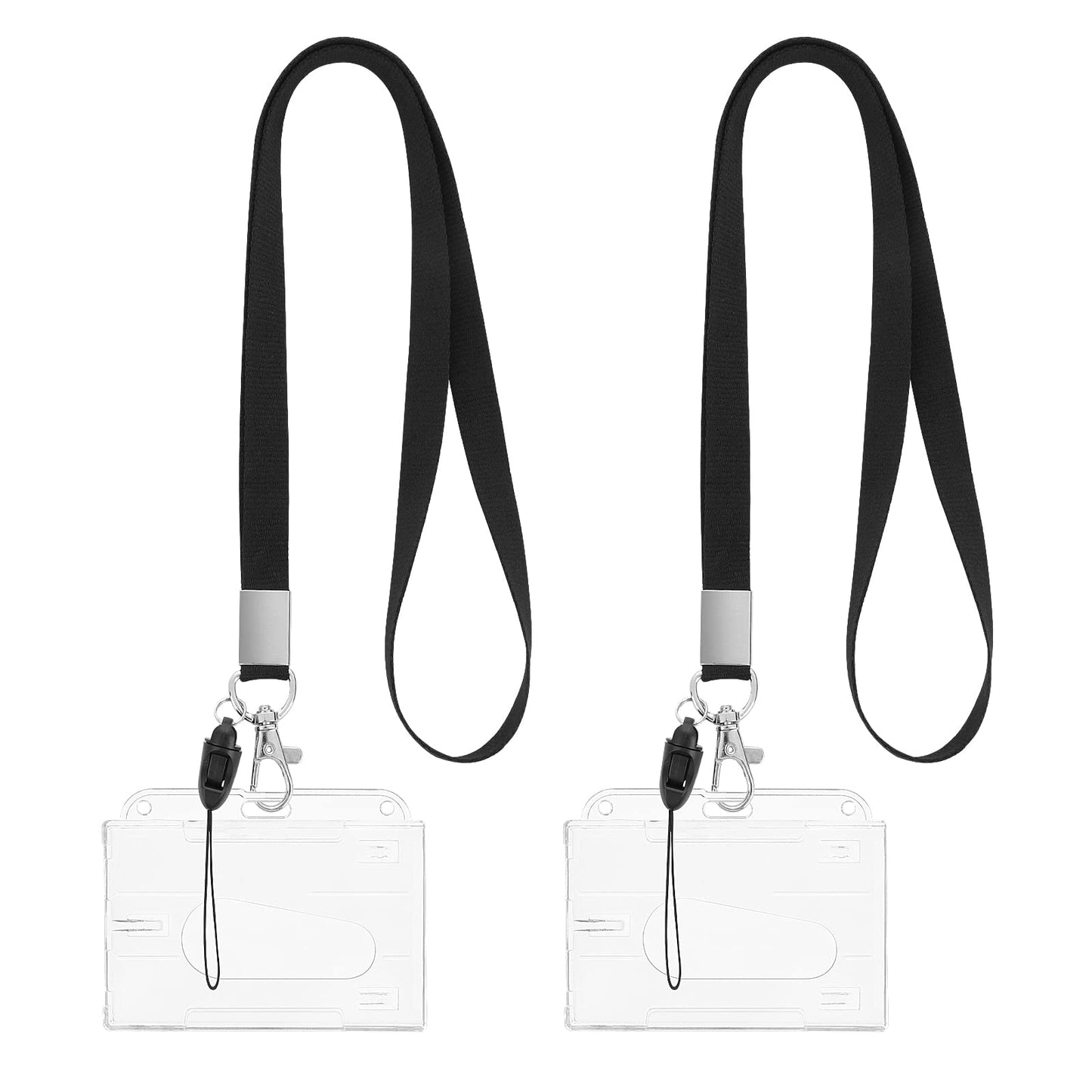 cobee Hard Plastic ID Card Badge Holder with Lanyards, 2 Set Heavy Duty Credit Card Protector with Thumb Slot Detachable Neck Lanyard Strap Clear Name Tag Holders Transparent Card Case