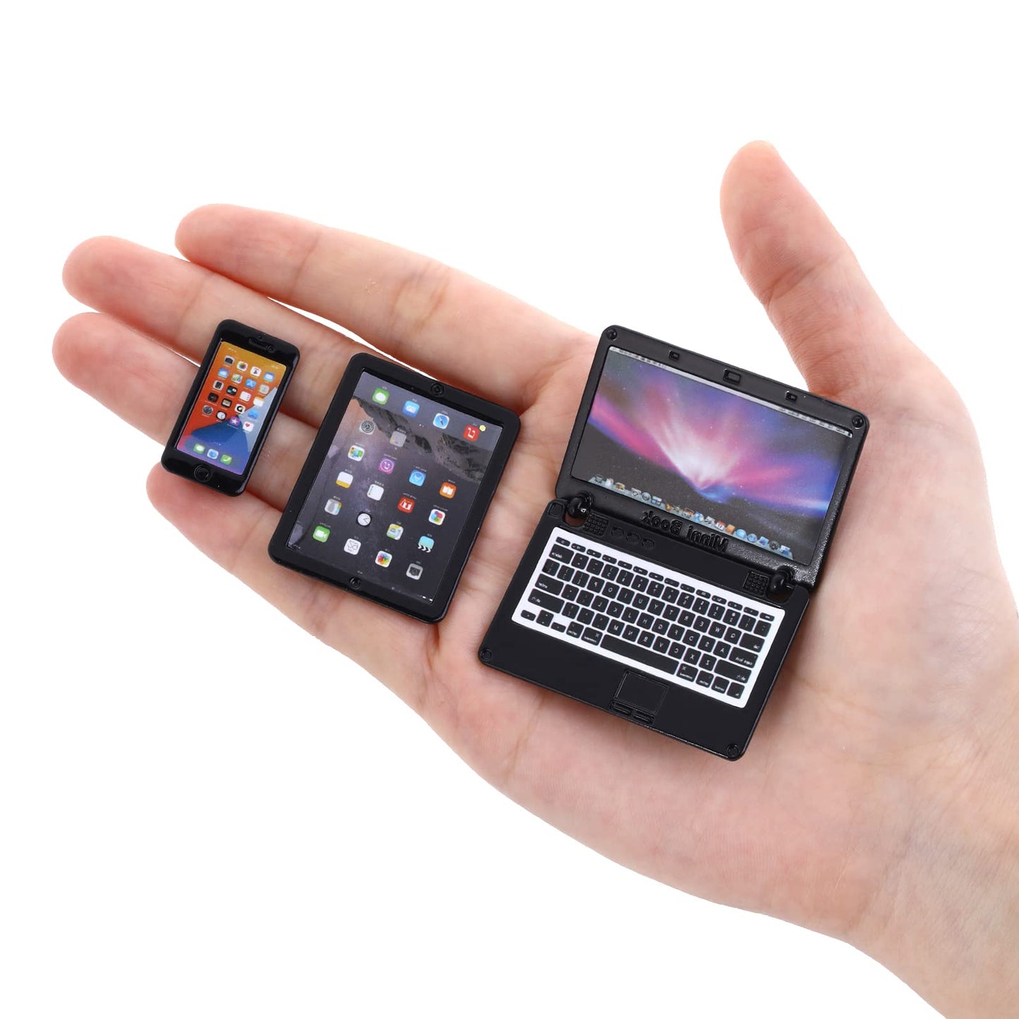 cobee 1:12 Mini Laptop Set,3pcs/set Mini Metal Laptop Tablet Smartphone Scene Simulation Accessories Dolls House Furniture Doll Accessories Play Set (Black)
