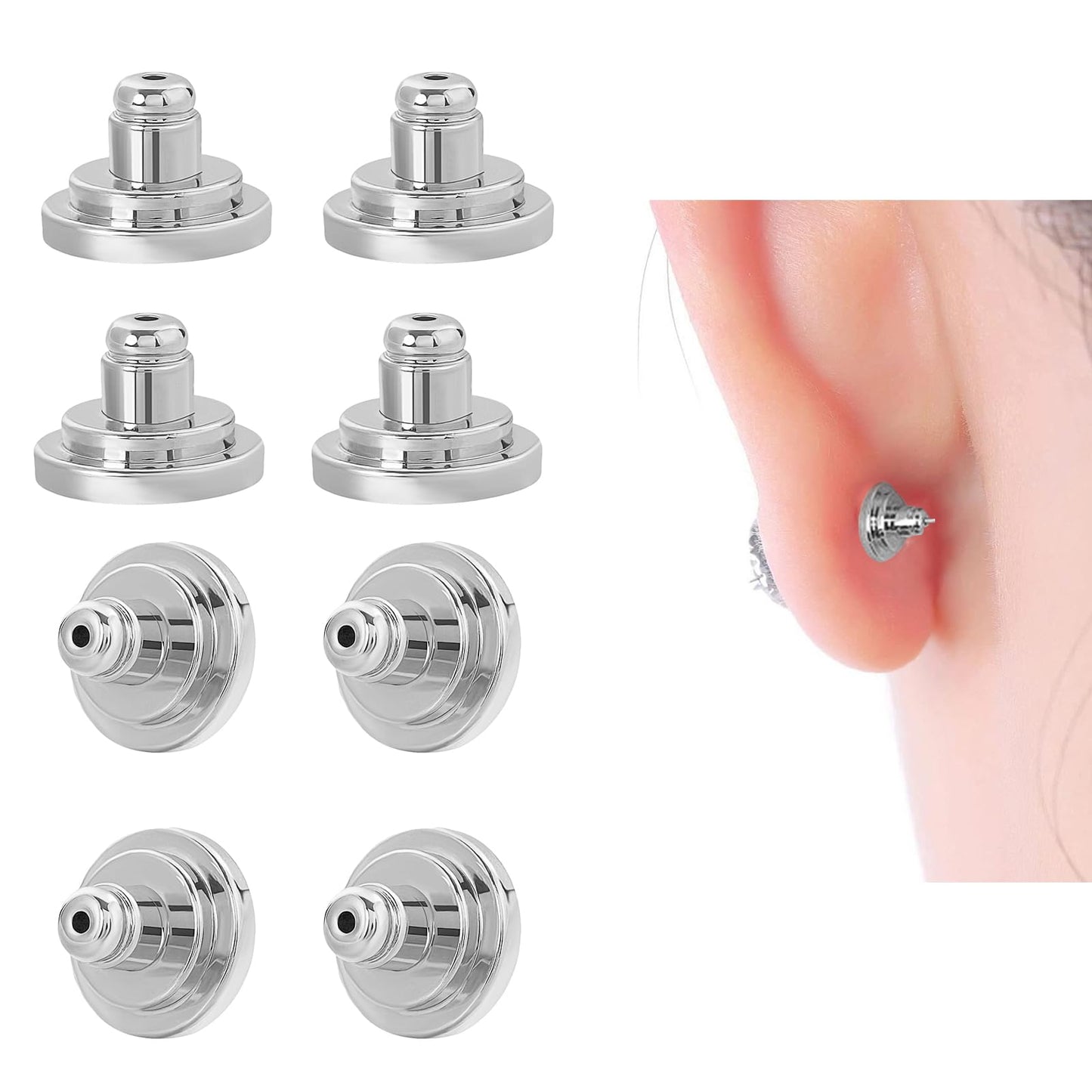 Giantree 4 Pairs Earring Backs Replacement for Droopy Ears, Large Earring Backings Flat Locking Pierced Support Backing Backstop Secure Comfortble Stopper for Heavy Earring(platinum)