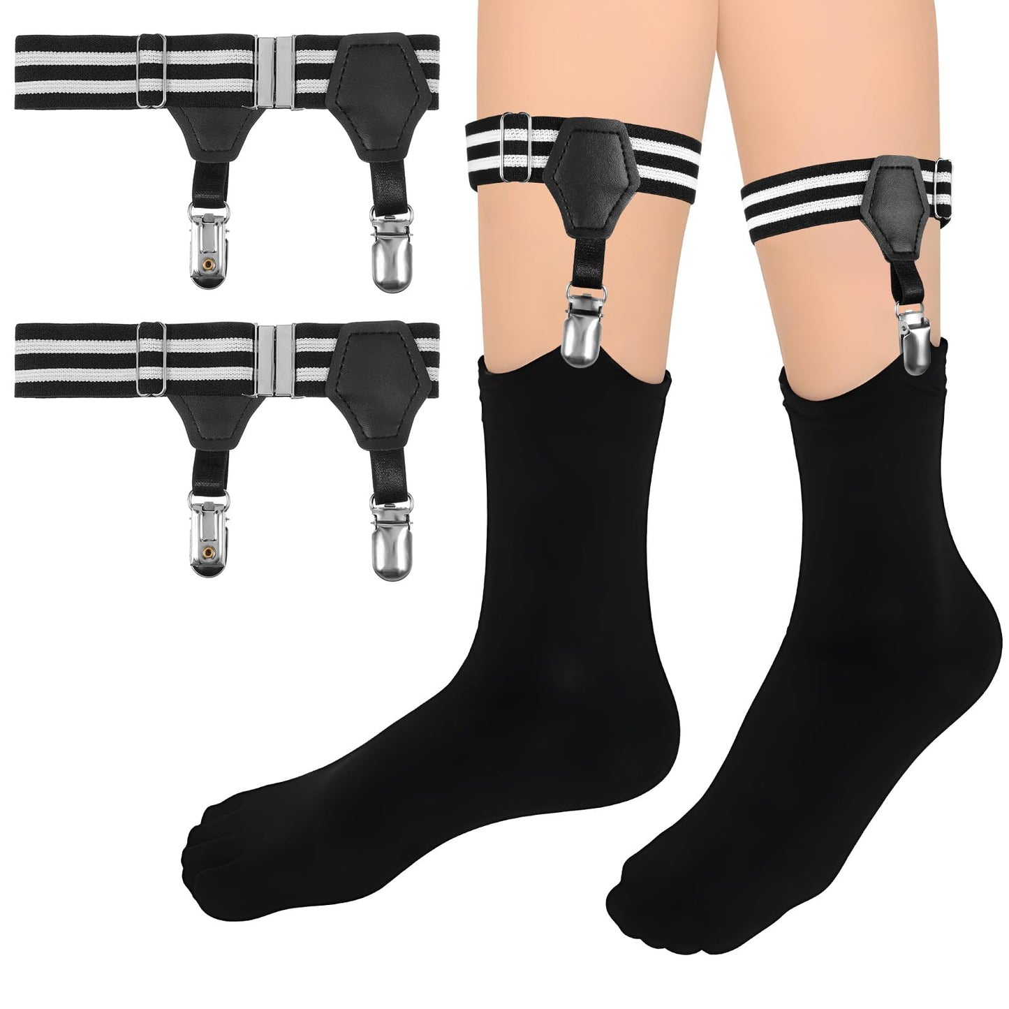 Yuanchu Mens Sock Garters, 2Pcs Men's Stripe Sock Suspenders with 2 Clips Adjustable Non-Slip Sock Strap for Stockings Women, Black, White, Medium