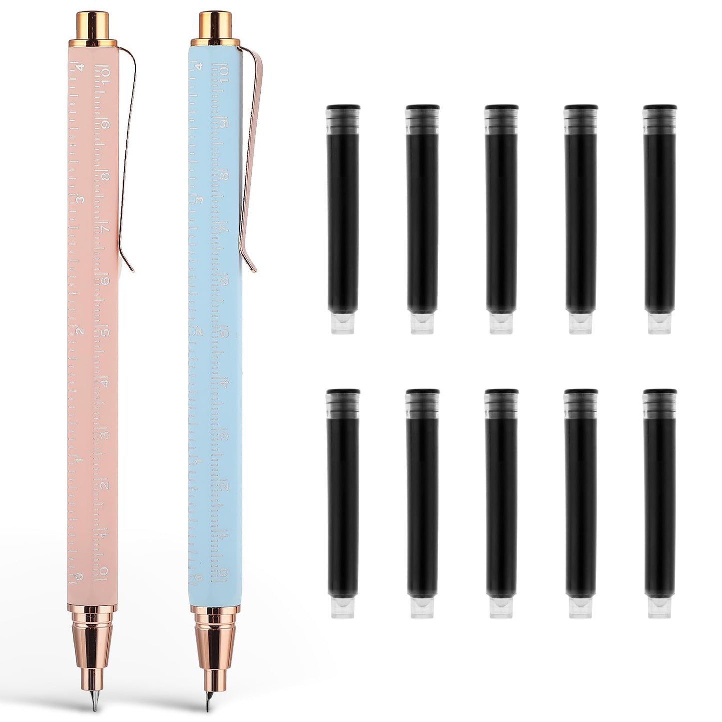 cobee Retractable Fountain Pen, 2 Pcs Ruler Fountain Pen with 10 Pcs Black Ink Sac Extra Fine Point 0.38mm Smooth Writing Pen Calligraphy Metal Fountain Pen for School Office(Pink+Blue)