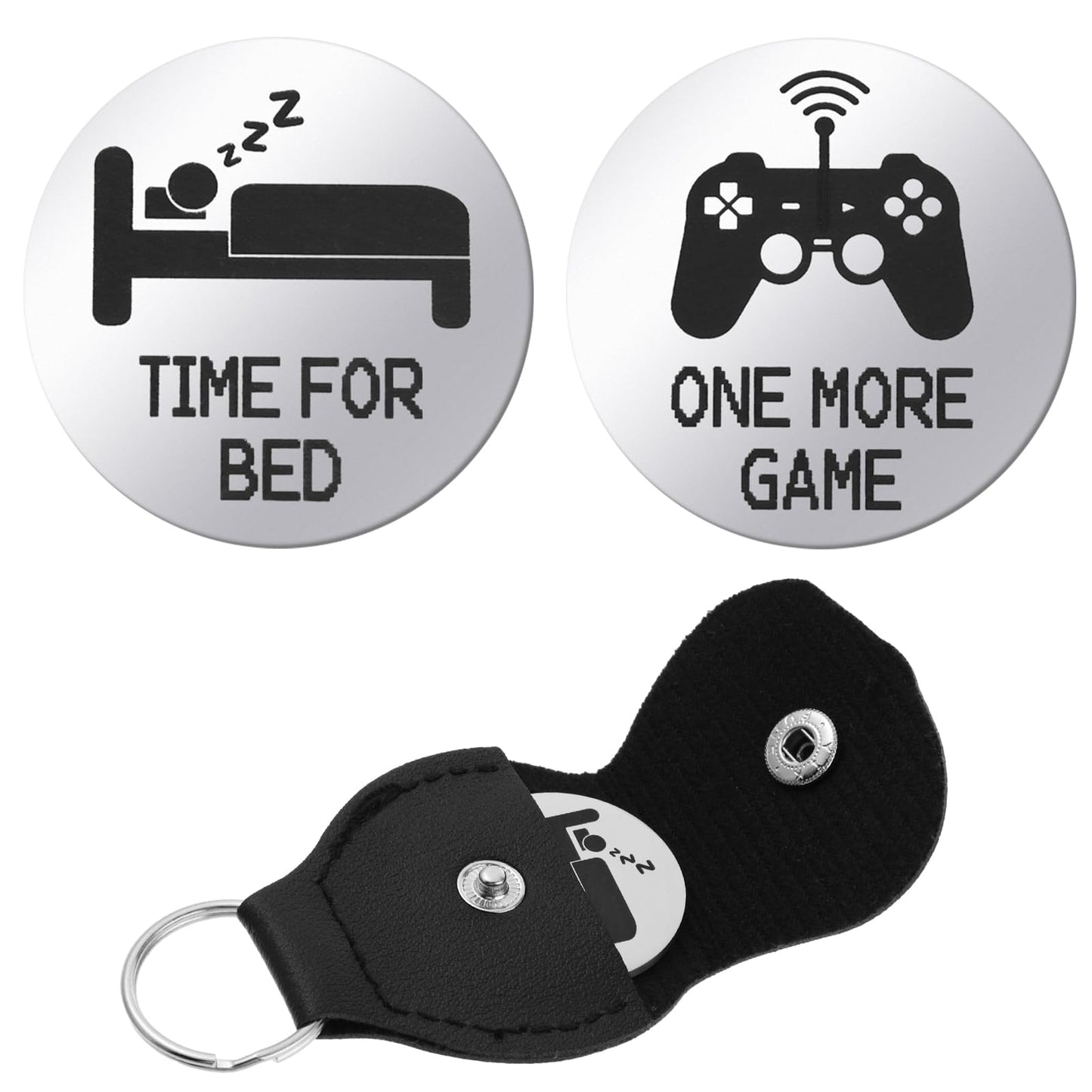 Amaxiu Novelty Gaming Coins, Funny Decision Coins for One More Game or Time for Bed, Double Sided Destiny Flip Coins Pocket Hug Token Leather Keychain Coin Gift for Game Lovers(Silver)