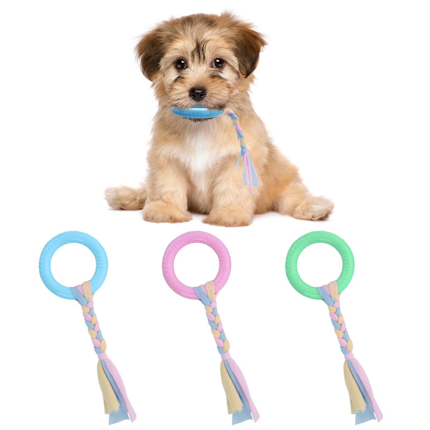 cobee Puppy Teething Toys with Cotton Ropes, 3 Pcs Rubber Small Dog Chew Rings, Aggressive Chew Toys for Dogs Oral Teeth Soothe Itching, Interactive Pet Toys for Small/Medium Dogs(Pink, Green, Blue)