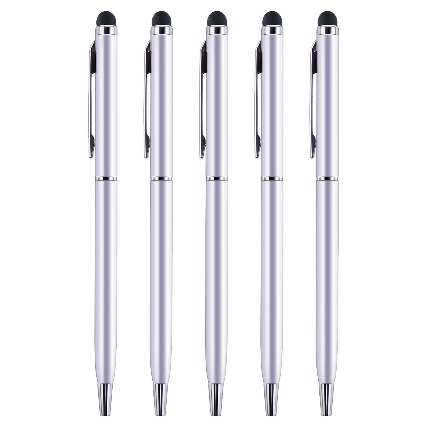 Giantree Ballpoint Pens with Stylus Tips, 5Pcs 1.0mm Metal Black Ink Pens Stylus Pens for Touch Screens 2 in 1 Stylus Ballpoint Pens for Daily Work School Writing Stationery Office Supplies(Silver)