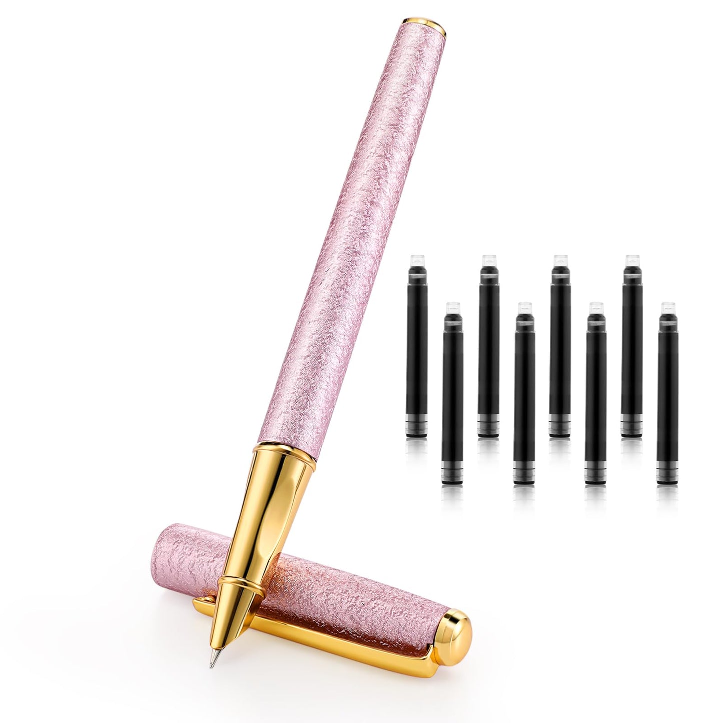 Amabro Luxury Fountain Pen Set, 0.5mm Fancy pens Smooth Writing Fine Nib Pen with 8 Ink CartridgesPen Nice pens Executive Office Pen Best Gift for Men Women(Pink)