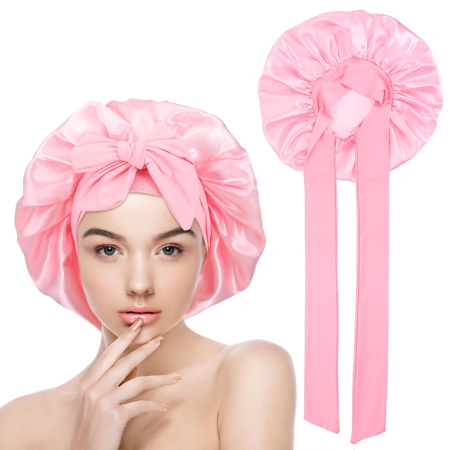 Yuanchu Silk Bonnet Satin Sleep Cap for Night for Women Adjustable Sleeping Cap Soft Head Cap Sleep Cap Silk with Elastic Band for Women and Girls (Pink)