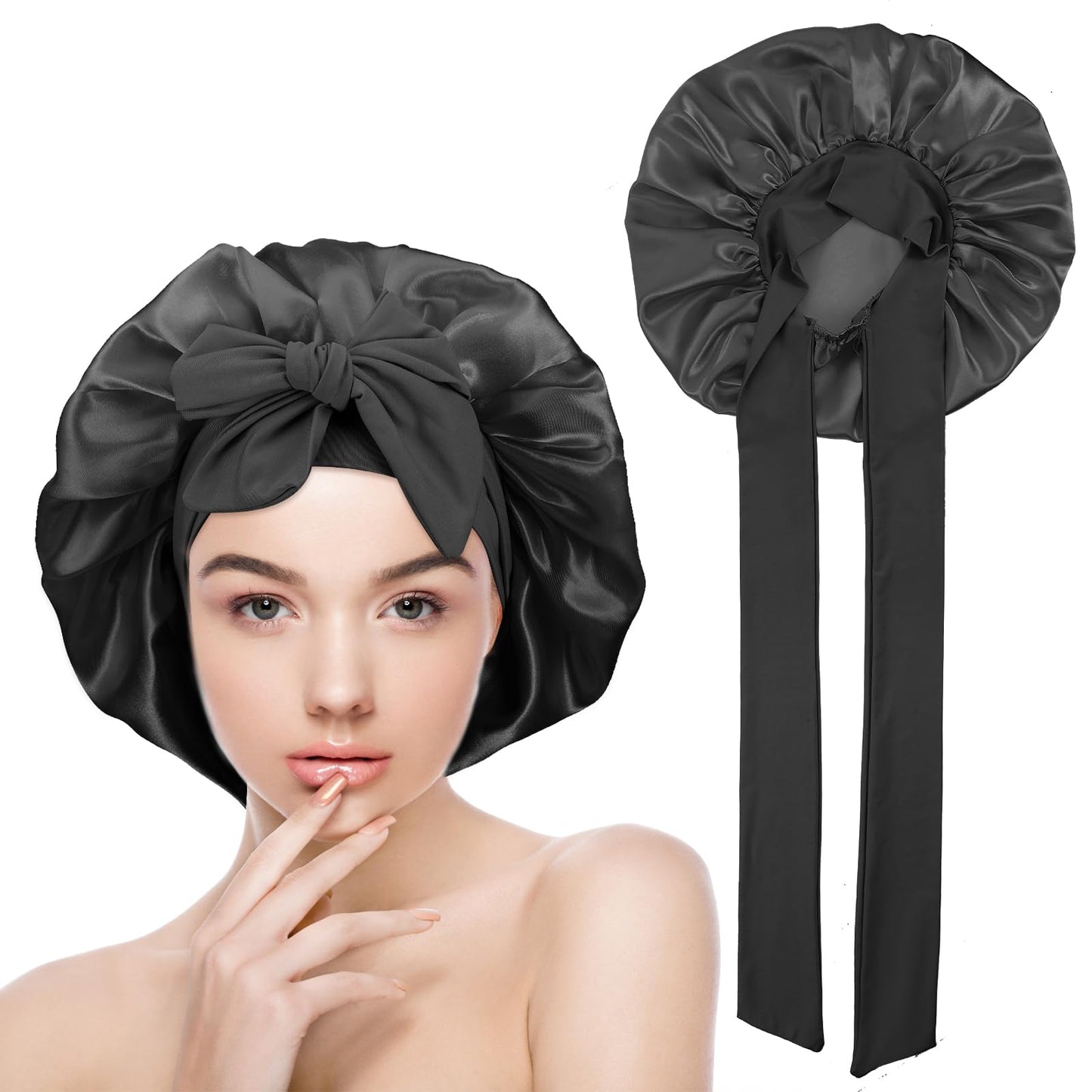Yuanchu Silk Bonnet Satin Sleep Cap for Night for Women Adjustable Sleeping Cap Soft Head Cap Sleep Cap Silk with Elastic Band for Women and Girls (Black)