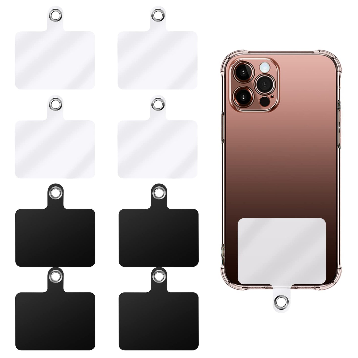 Cobee Universal Phone Tether Tab, Phone Lanyard Replacement Patches with Metal Ring Cell Phone Lanyard Tether Phone Case Lanyard Compatible with Cellphone Pads for Drop Protection (4 Black+4 White)