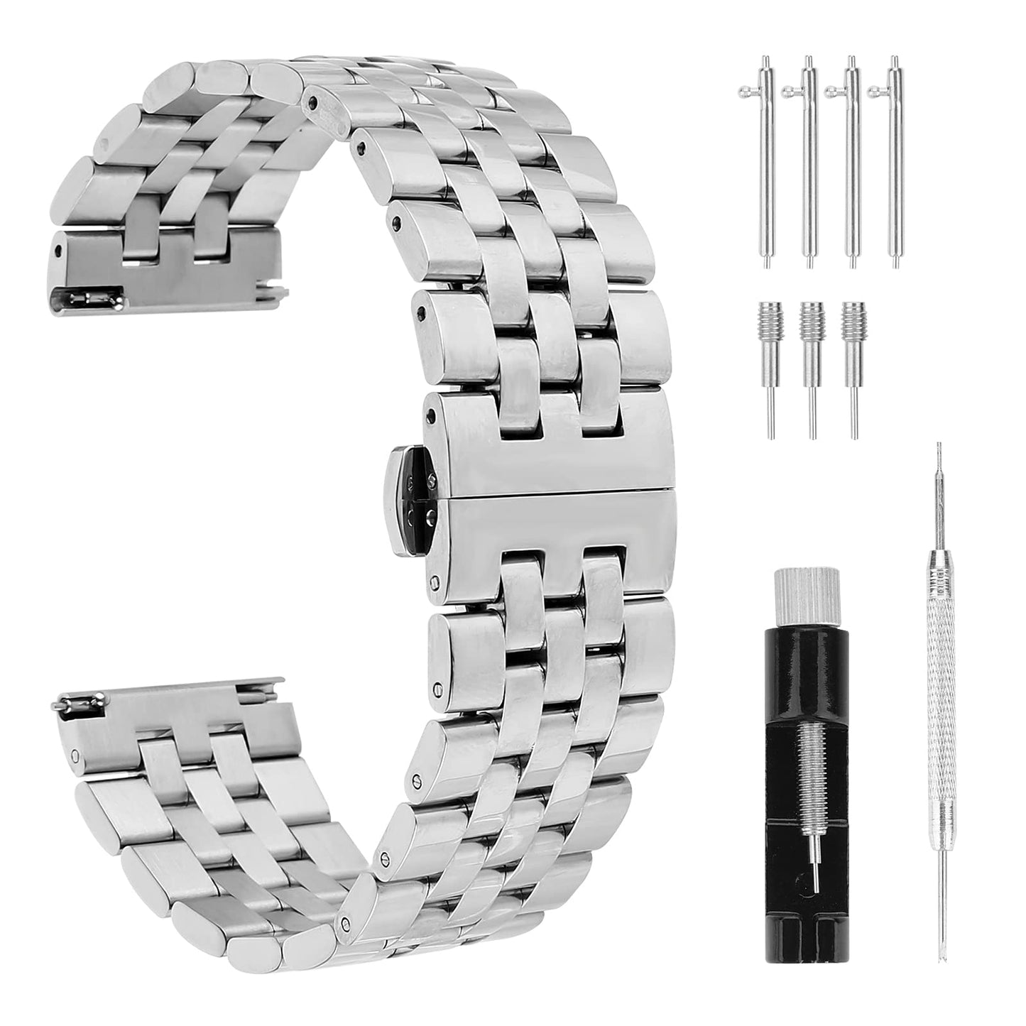 cobee Thick Stainless Steel Watch Bands, Heavy Duty Linked Metal Polished Watch Straps with Butterfly Clasp Quick Release Solid Steel Watchband Compatible with Men Women(20mm, Silver)