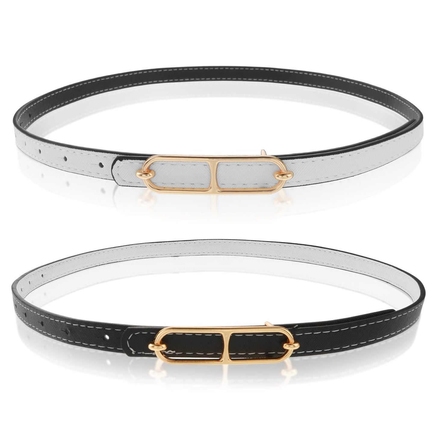 Amaxiu Women Skinny Reversible Belt, PU Leather Adjustable Belt Thin Waist Belt with Metal Buckle for Pants Jeans Dresses (black/white)