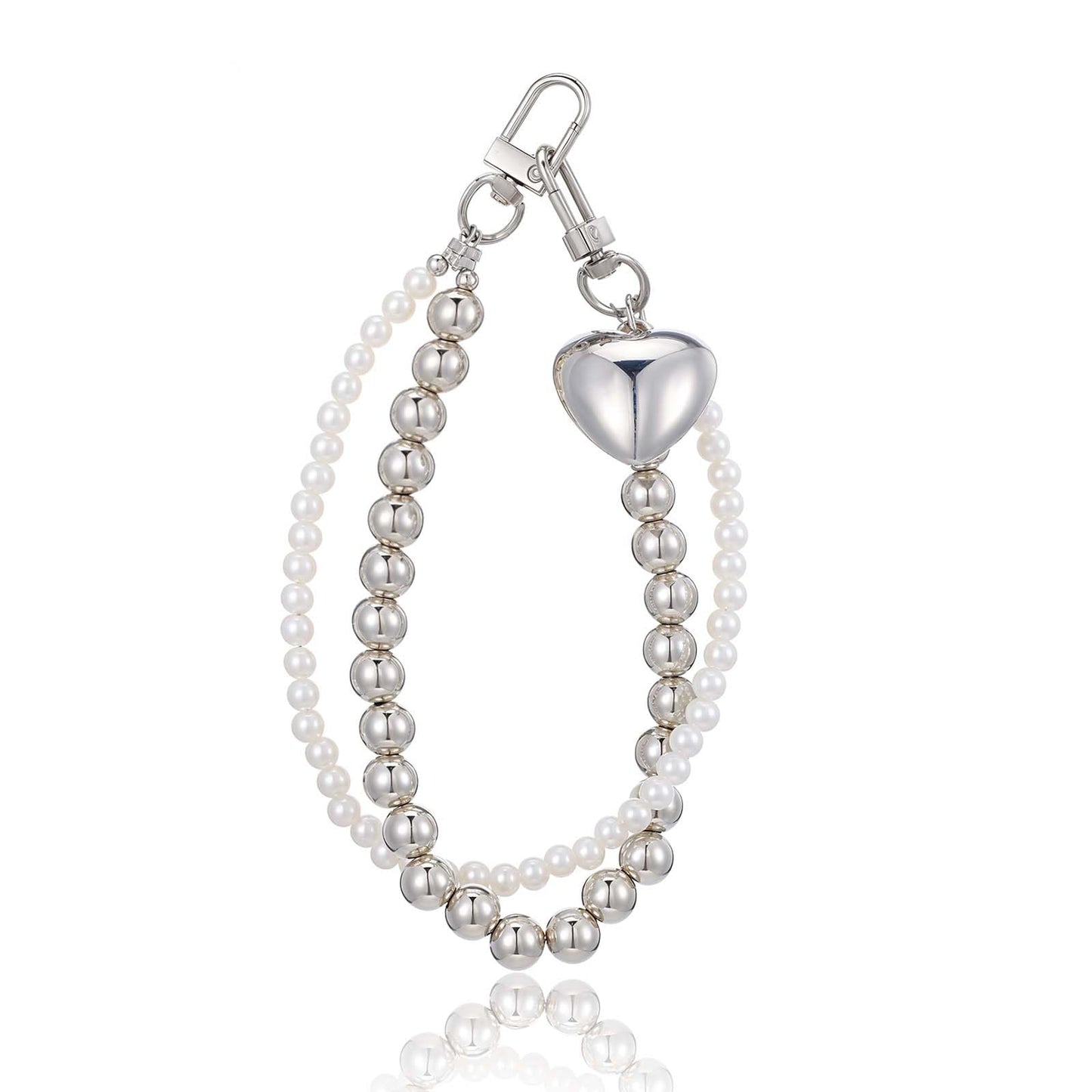 Yuanchu Cute Women's Key Ring, Double Chain, White and Silver Beads, Heart Pendant, Bag Pendant, Aesthetic Bag Charms, Mobile Phone Pendant, Accessories, Car Key Ring, Cute Keychain, silver, 5.9in