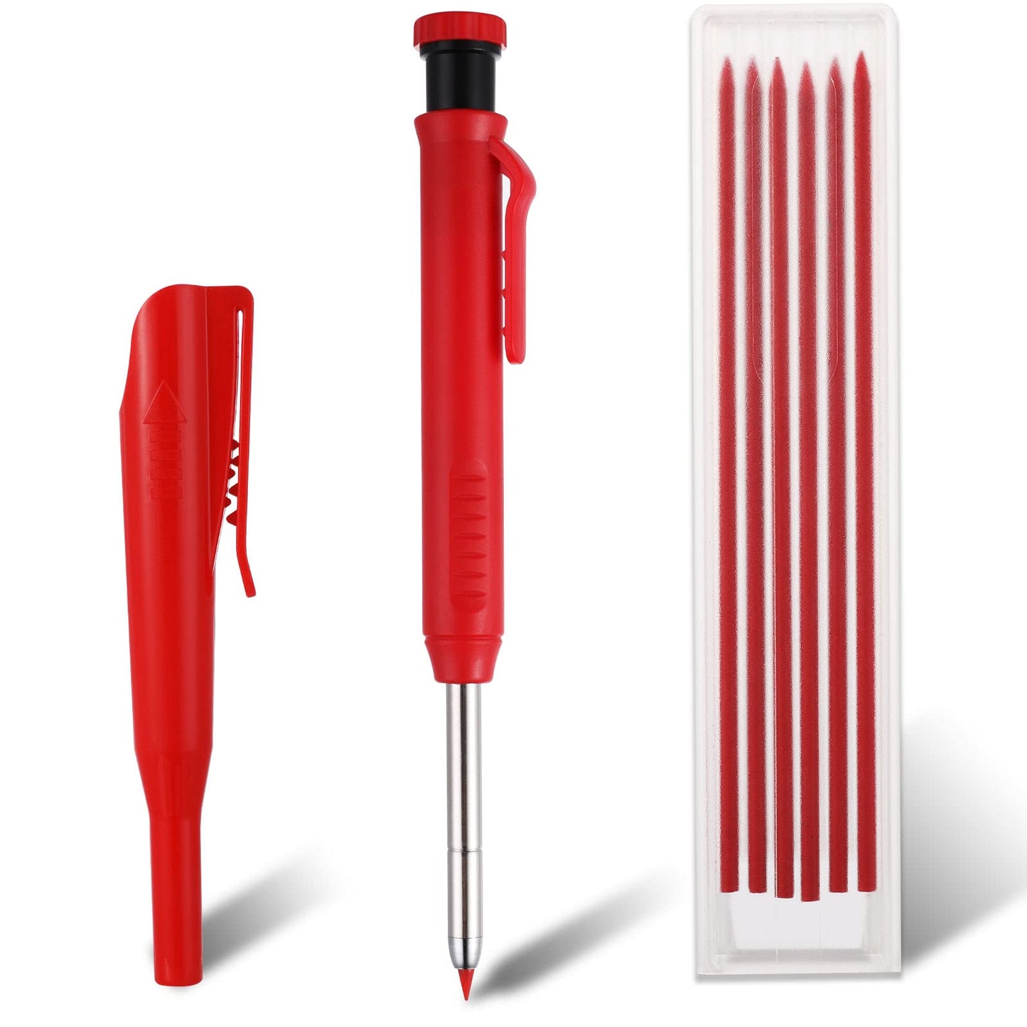 cobee Mechanical Carpenter Pencils with 6 Refills, Solid Carpenter Pencils with Built-in Sharpener Woodworking Deep Hole Making Automatic Pencils Long Nosed for Drawing Scribing Construction(Red)