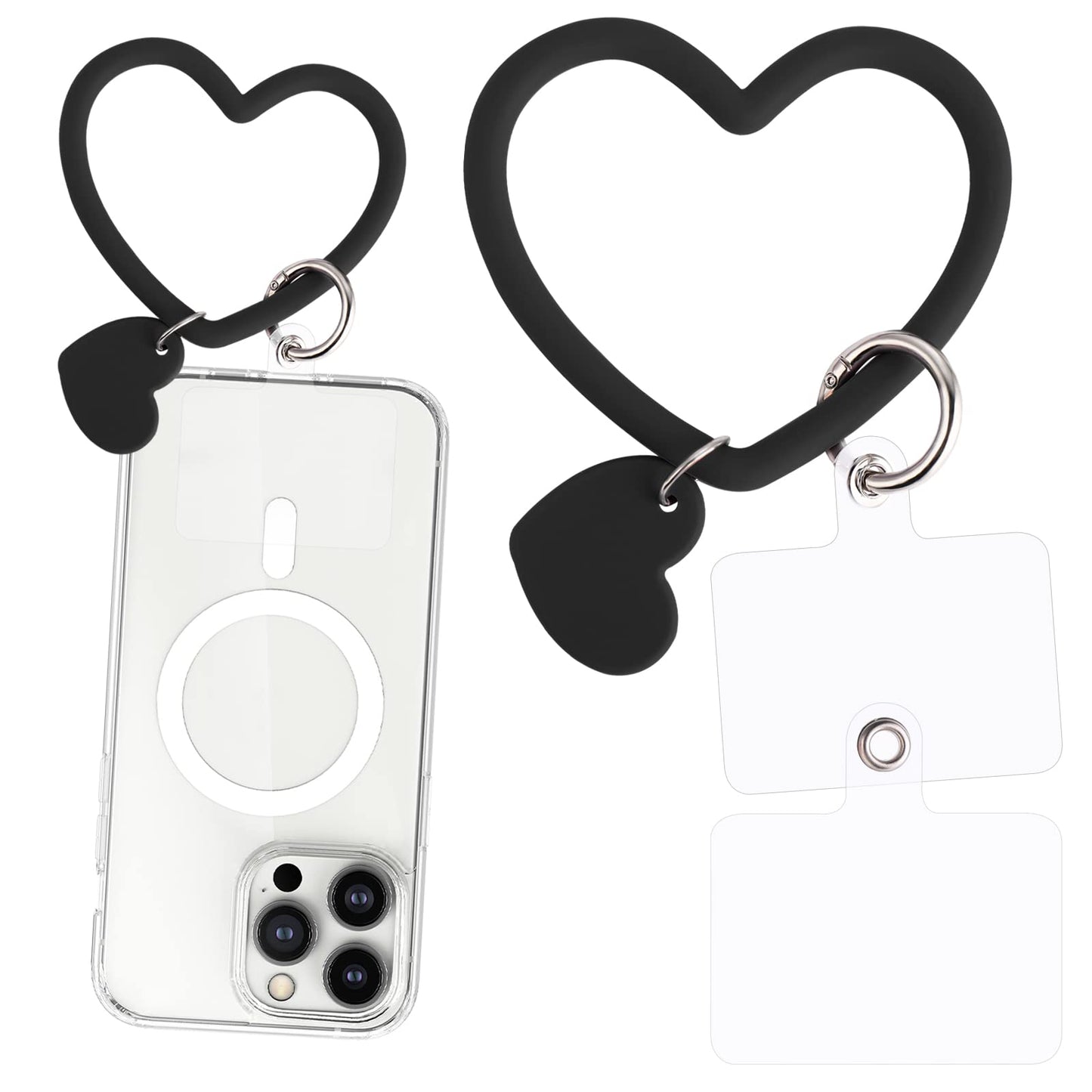 TIESOME Heart Loop Phone Lanyard, Smart Phone Hand Wrist Lanyard Strap with Key Chain Holder Compatible with Most Smartphones for Cell Phone Case Keys ID Badges with 2packs Back Patch(Black)